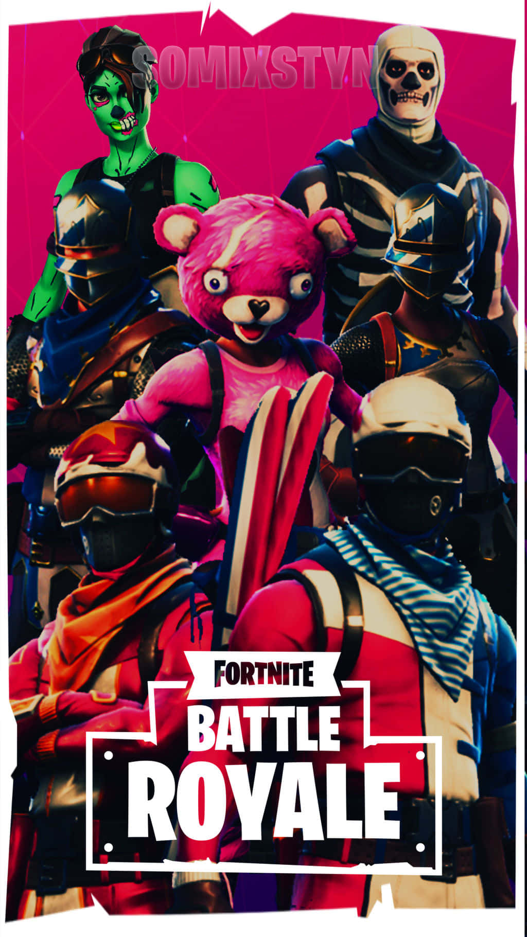 Fortnite iPhone 桌布 壁紙 — 四個《Fortnite》角色穿著鮮豔服裝，在粉紅色背景前擺姿勢，並帶有遊戲標誌。