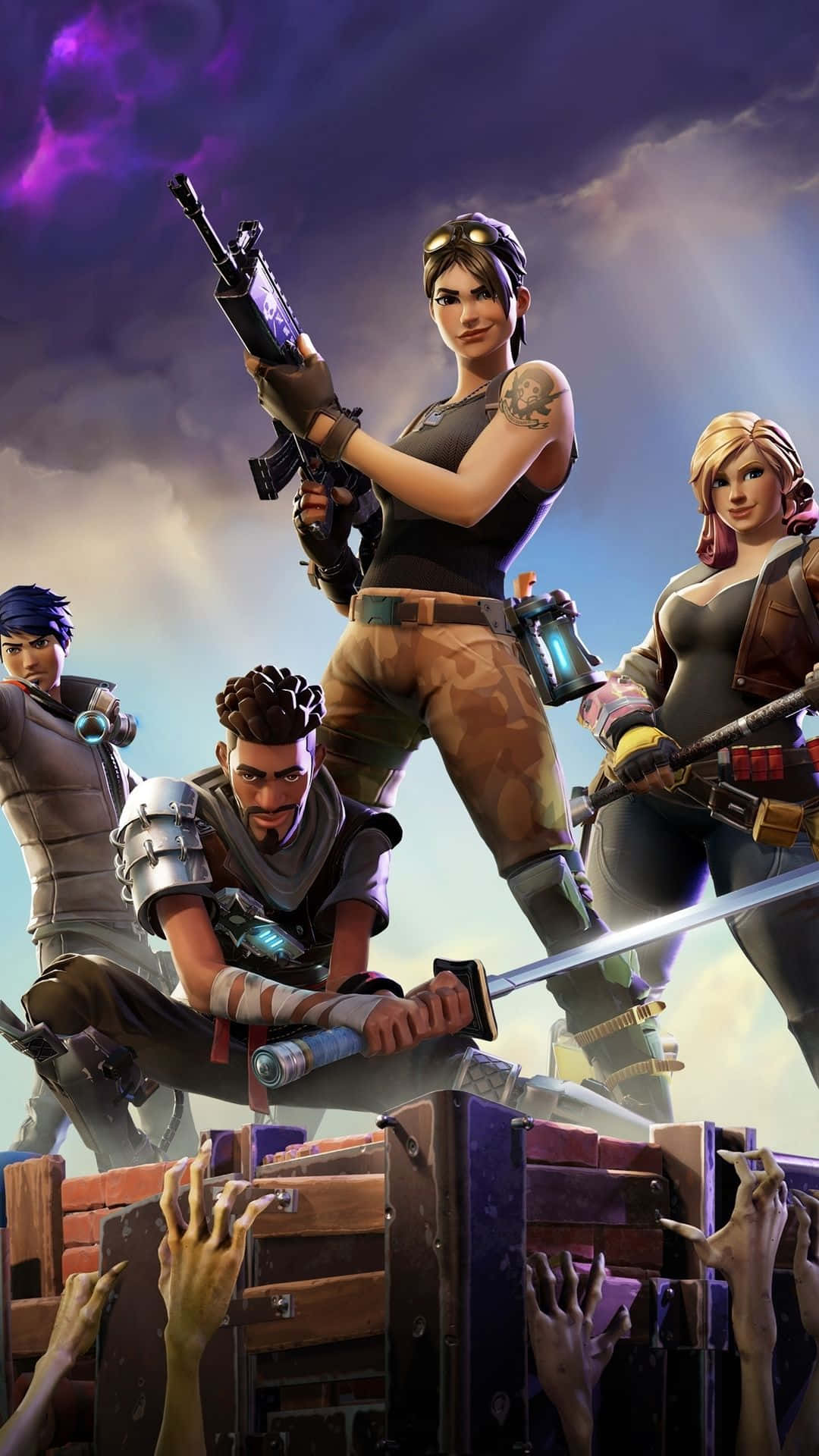 Fortnite 桌布 壁紙 — 四個 Fortnite 角色站在板條箱上，而殭屍手從下方伸出，背景是暴風雨般的紫色天空。