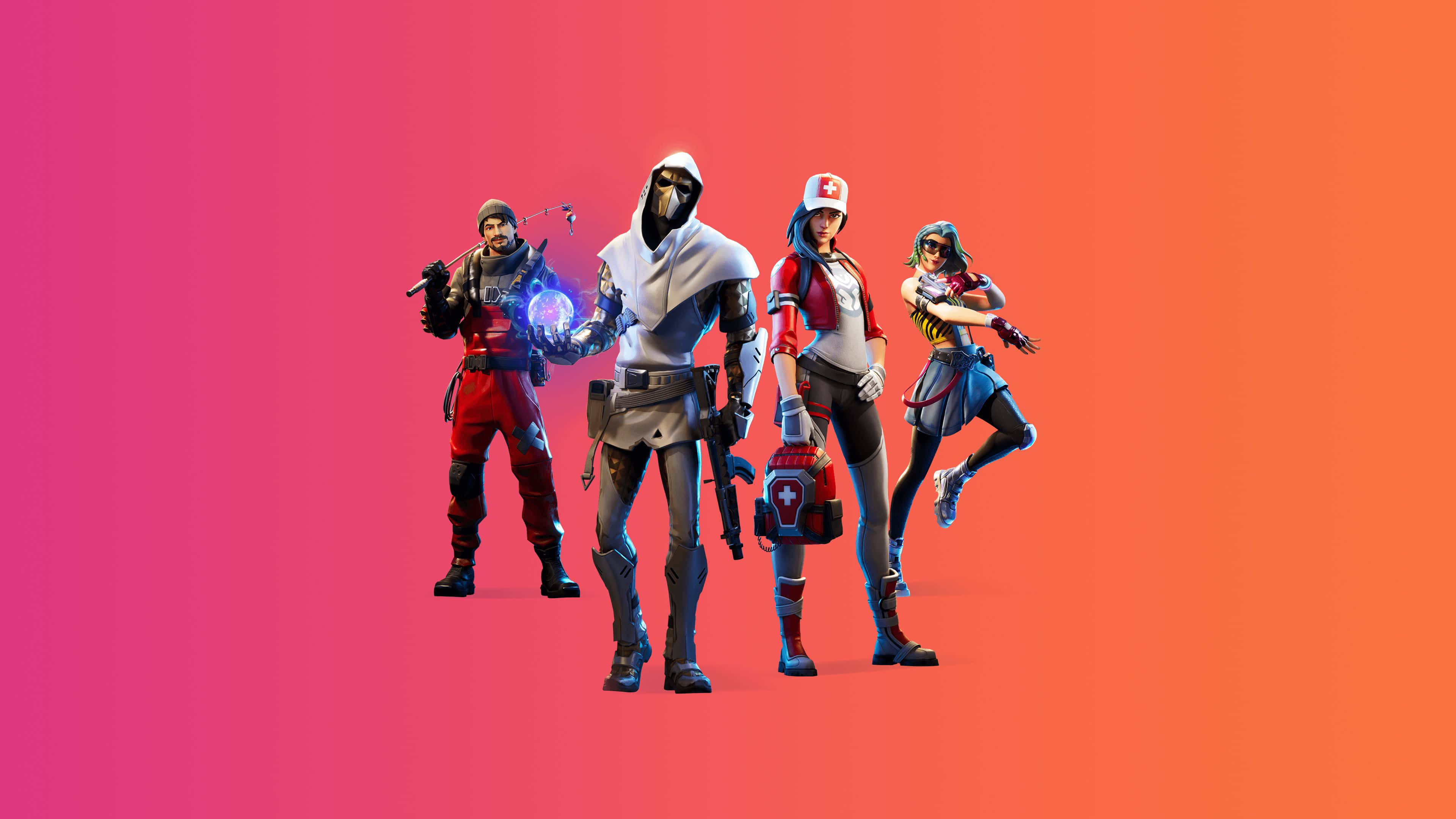 Fortnite Character 桌布 壁紙 — 四個 Fortnite 角色自信地站在充滿活力的粉紅到橙色漸變背景前。