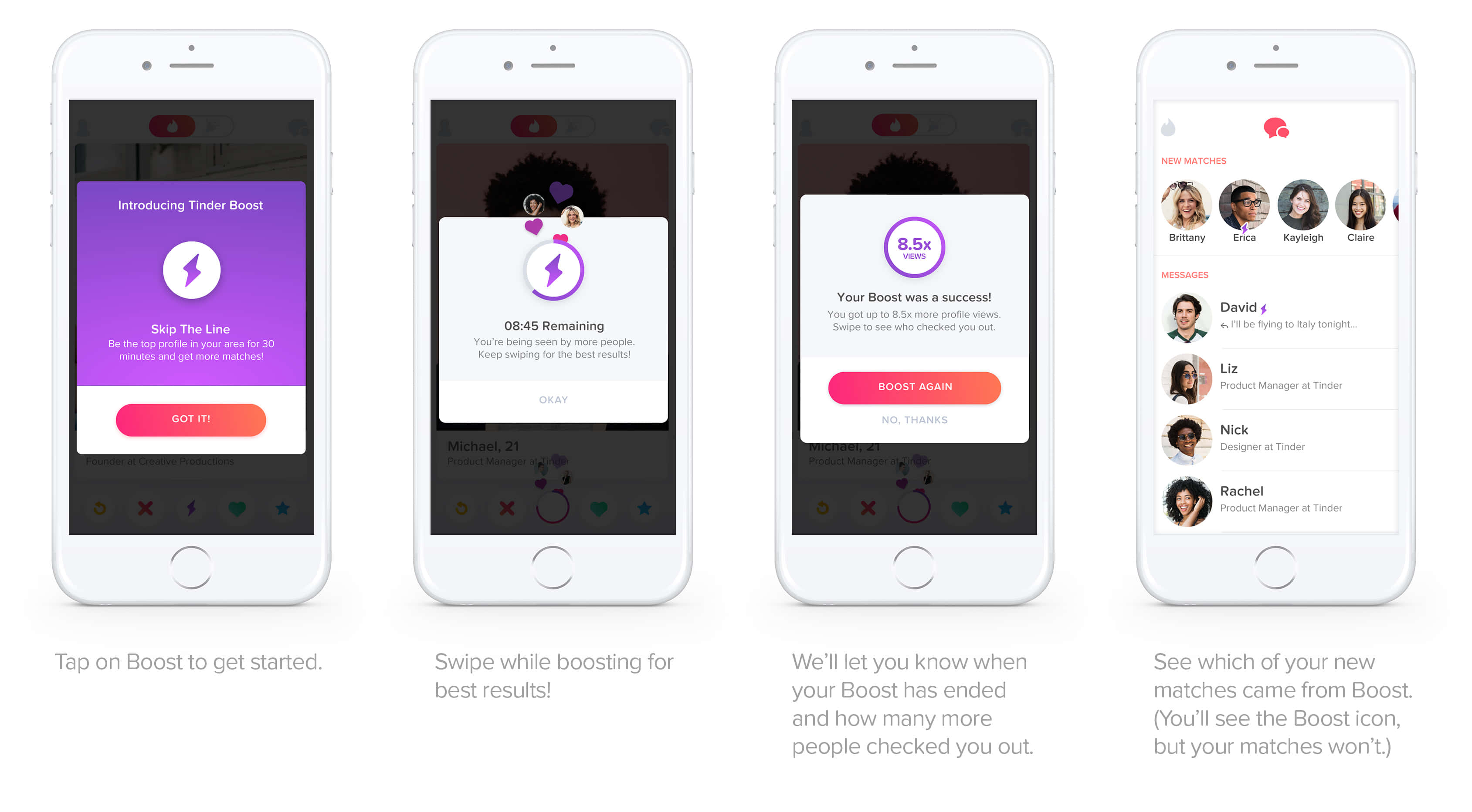 Application 桌布 壁紙 — 四個 iPhone 螢幕顯示 Tinder Boost 功能步驟：開始提升、在提升時滑動、成功通知及新配對結果。