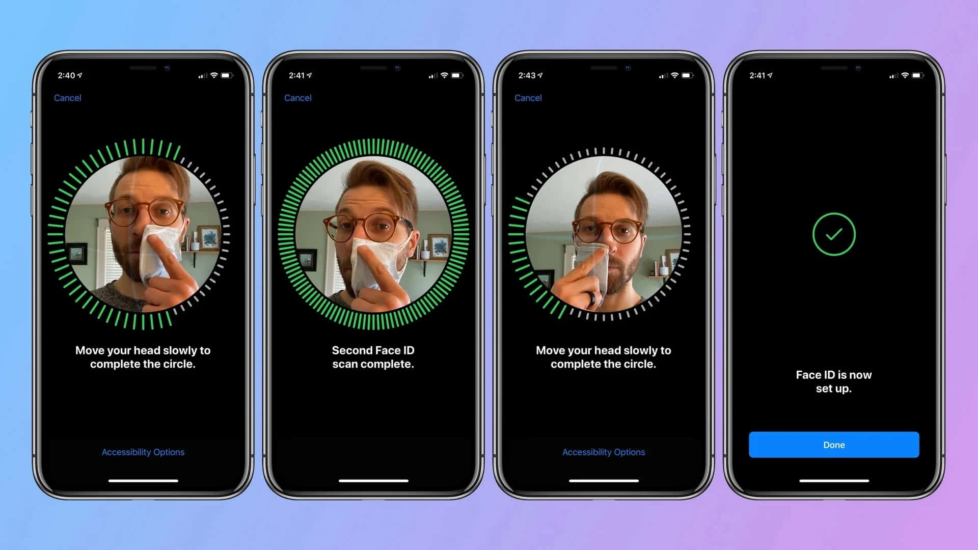 Face Id 桌布 壁紙 — 四個 iPhone 螢幕顯示一名男子在鼻子上放衛生紙設定 Face ID，同時一個綠色圓圈引導頭部移動。
