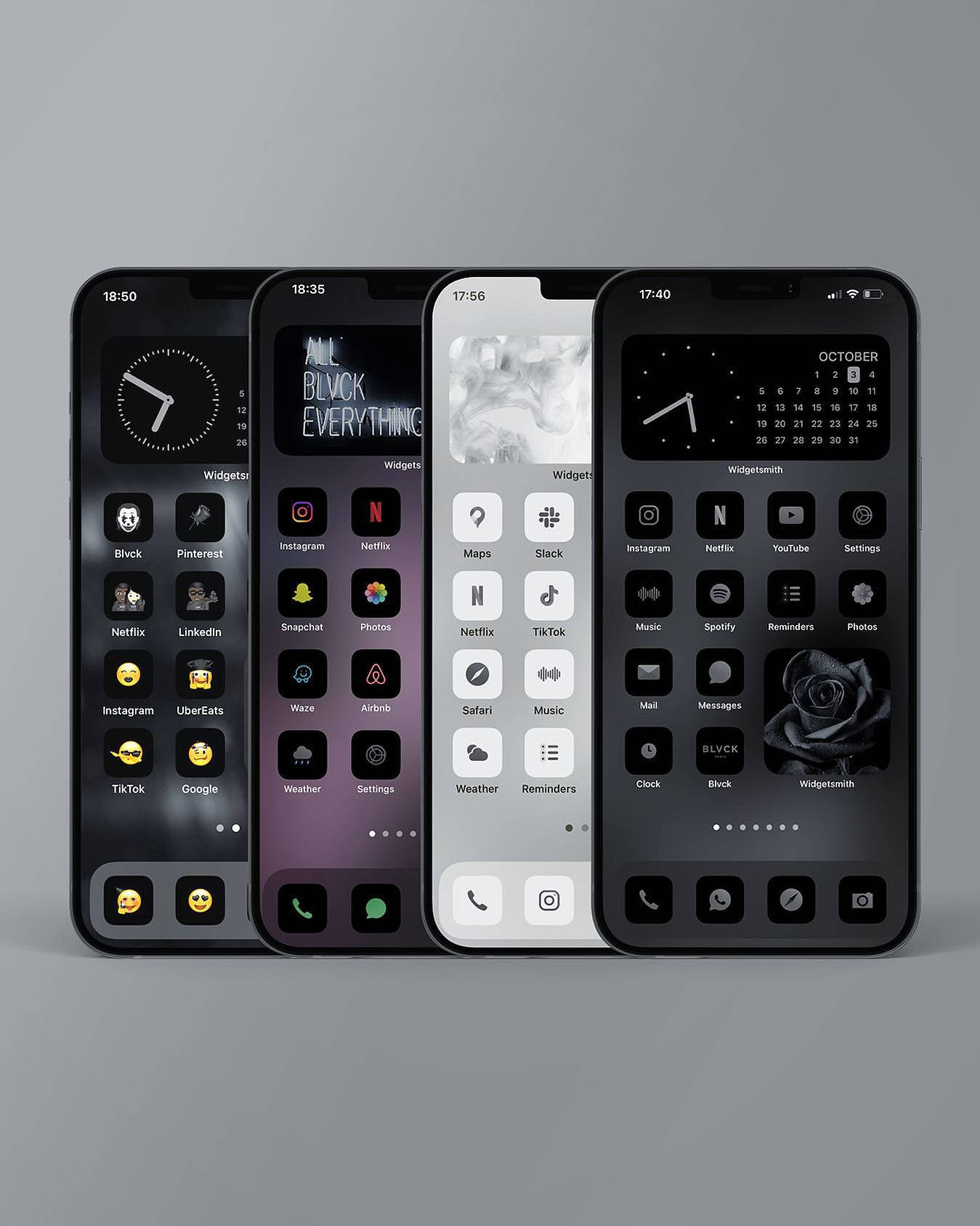 iPhone 桌布 壁紙 — 四個 iPhone 螢幕顯示自訂小工具佈局，包含應用程式和時鐘，背景為簡約灰色。