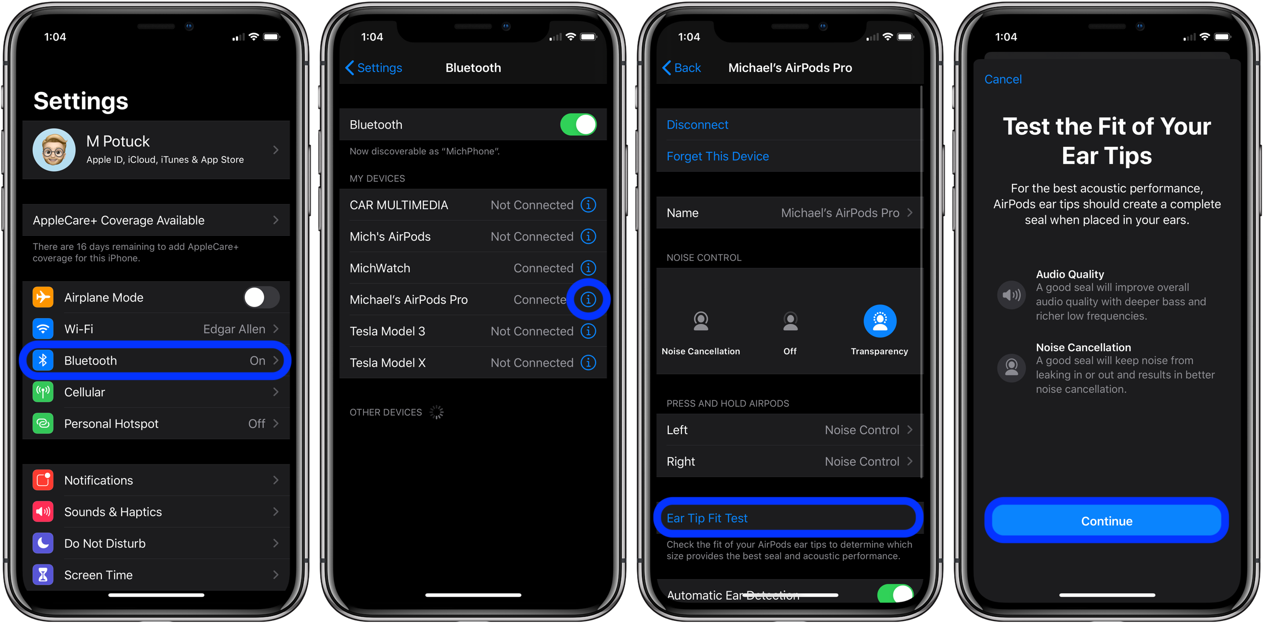 AirPods 桌布 壁紙 — 四個 iPhone 螢幕顯示藍牙設定和 AirPods Pro 設定步驟，包括裝置配對、噪音控制和耳塞貼合度測試。