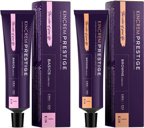 Cosmetics Products 桌布 壁紙 — 四個 Kincrem Prestige 染髮膏管及盒裝，來自 Basics 和 Browns 系列，展示在潔白背景上。