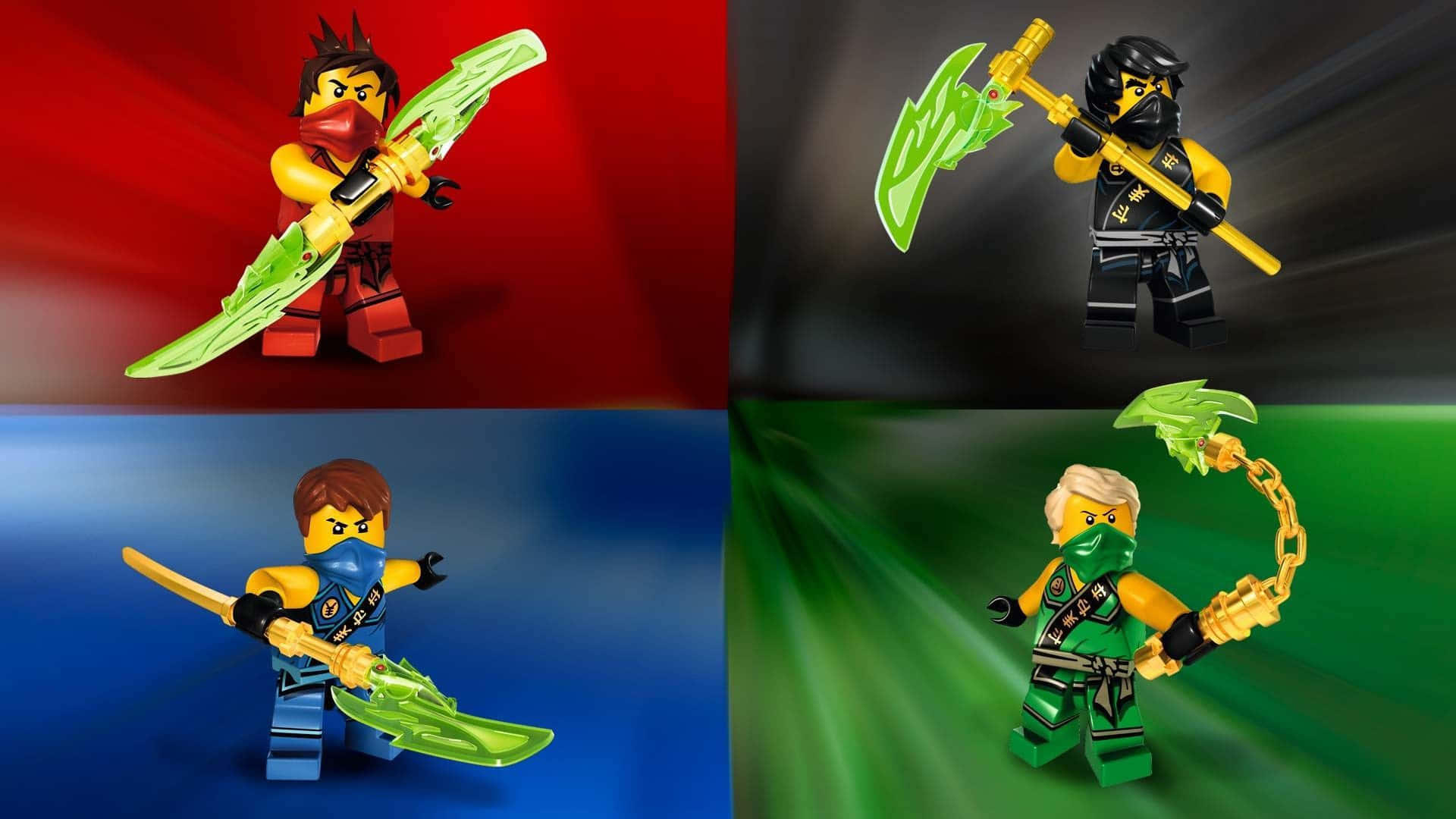 Ninjago 桌布 壁紙 — 四個 LEGO Ninjago 角色，每個都揮舞著發光的綠色武器，背景色彩鮮豔。