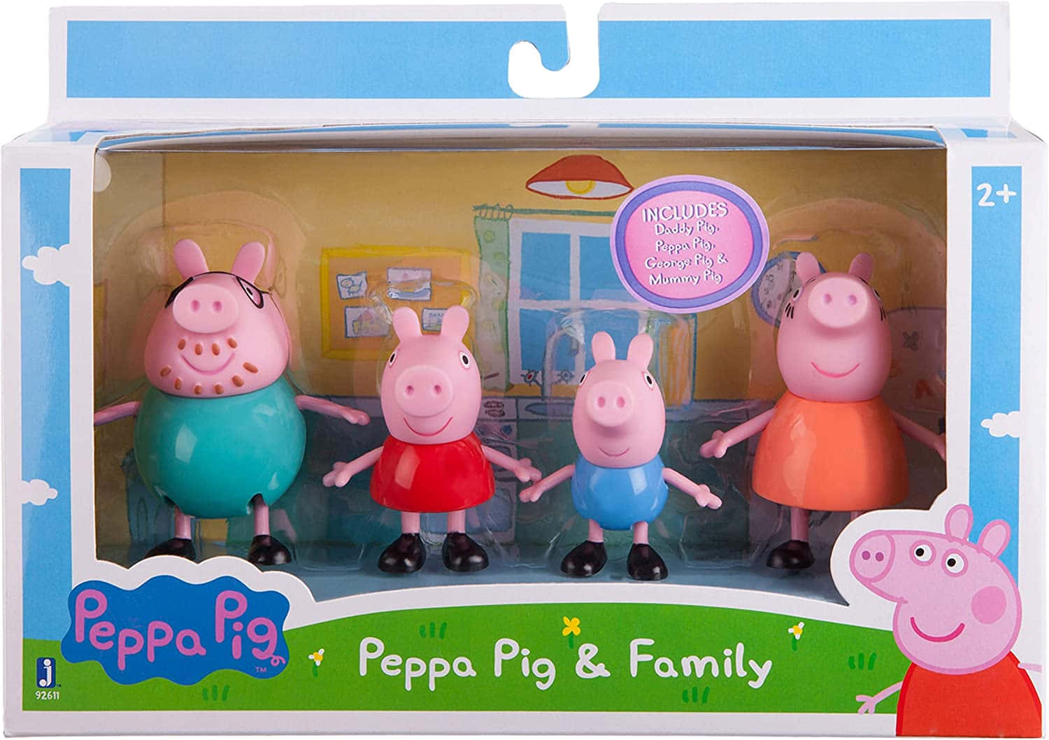 Peppa Pig Family 桌布 壁紙 — 四個 Peppa Pig 家庭公仔站在一個色彩繽紛的玩具箱中，描繪了他們的家居內部。