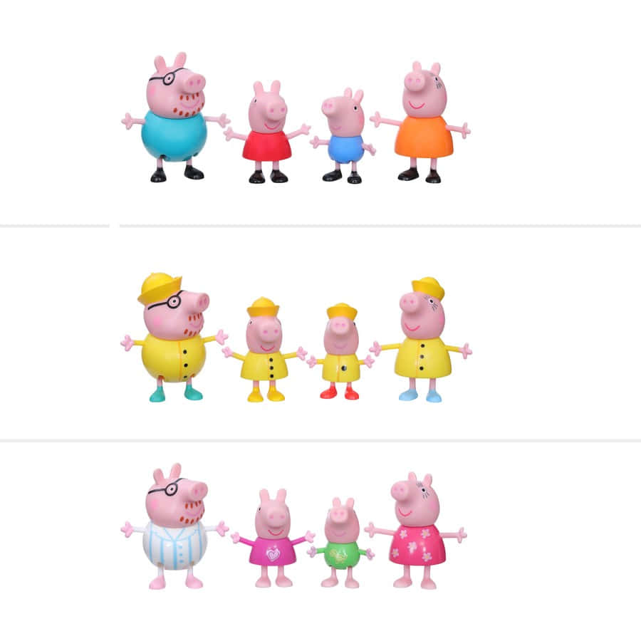 Peppa Pig Family 桌布 壁紙 — 四個 Peppa Pig 家庭玩具公仔，穿著三種不同色彩繽紛的服裝，排列成行，背景為純白色。