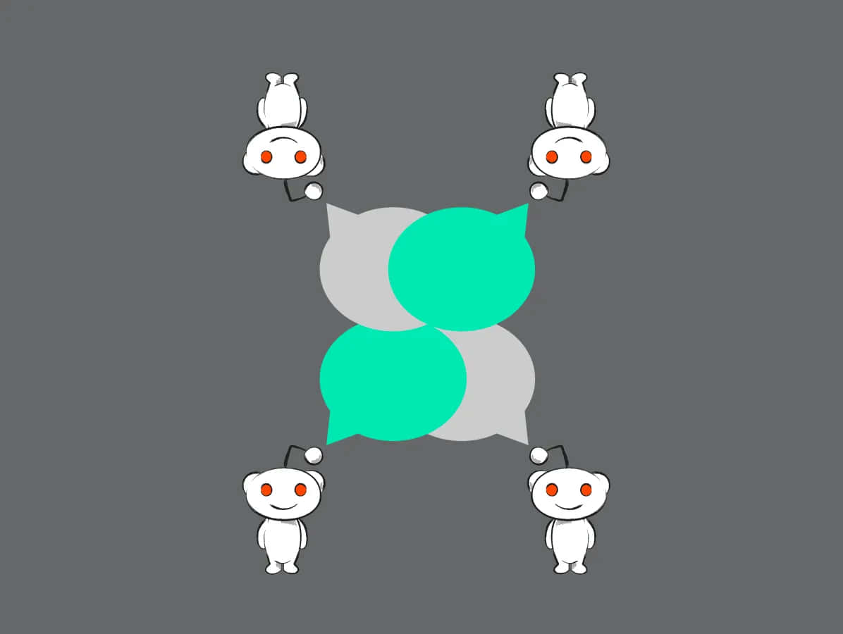 Group Chat 桌布 壁紙 — 四個 Reddit 外星人角色圍繞著重疊的藍綠色和灰色對話氣泡，背景為灰色。