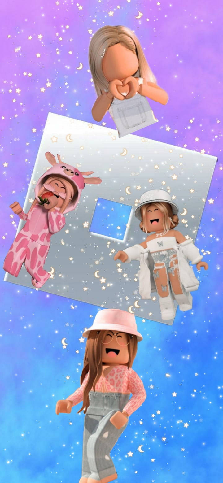 Roblox 桌布 壁紙 — 四個 Roblox 頭像在佈滿星星的紫色和藍色天空中，伴隨著新月快樂地漂浮。