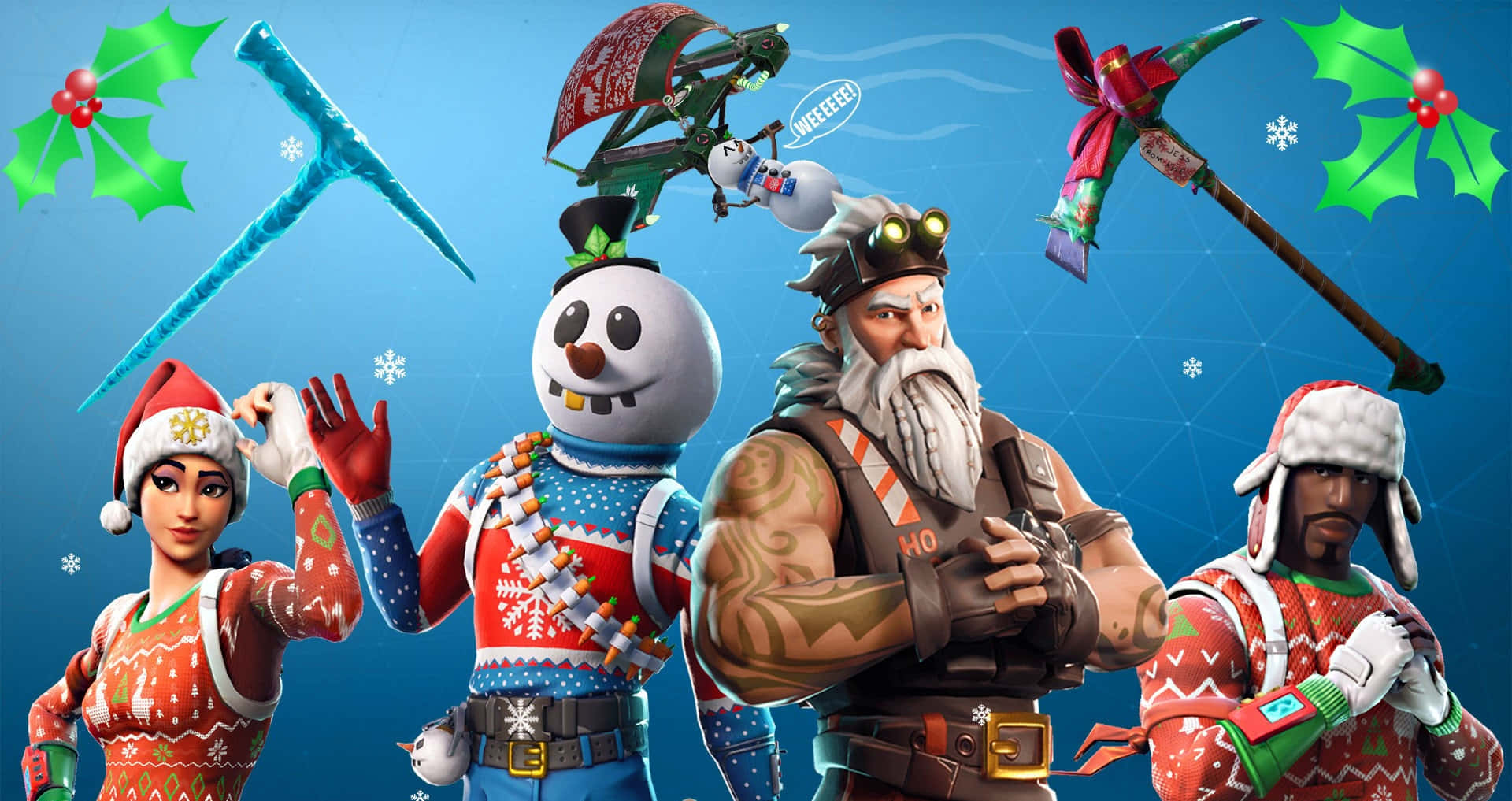 Fortnite 桌布 壁紙 — 四個《要塞英雄》角色穿著節日服裝，在藍色雪景背景下，手持聖誕主題武器擺姿勢。