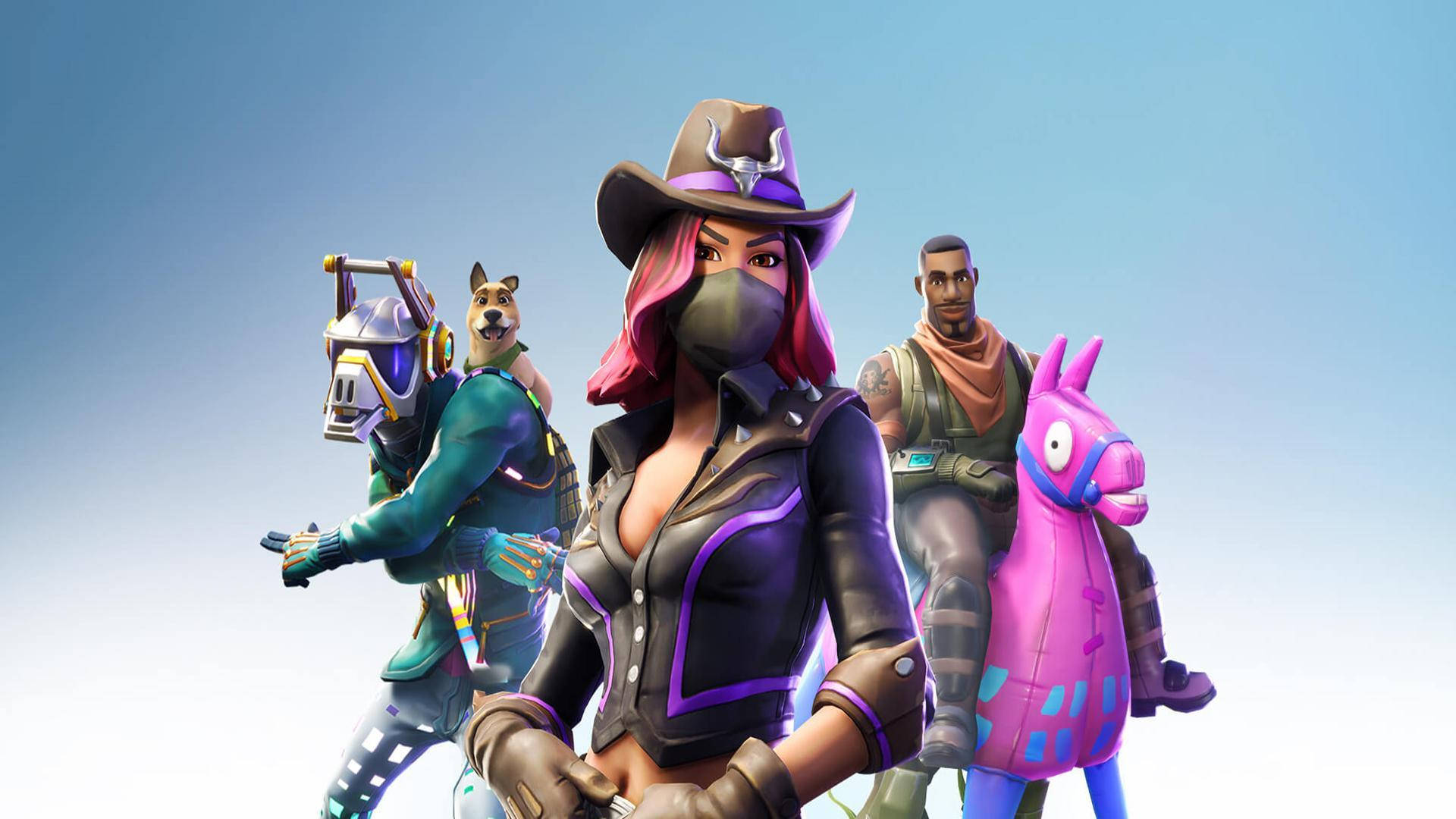 calamity fortnite 桌布 壁紙 — 四個《要塞英雄》角色穿著鮮豔服裝，在晴朗藍天下與粉紅馬自信擺姿勢。
