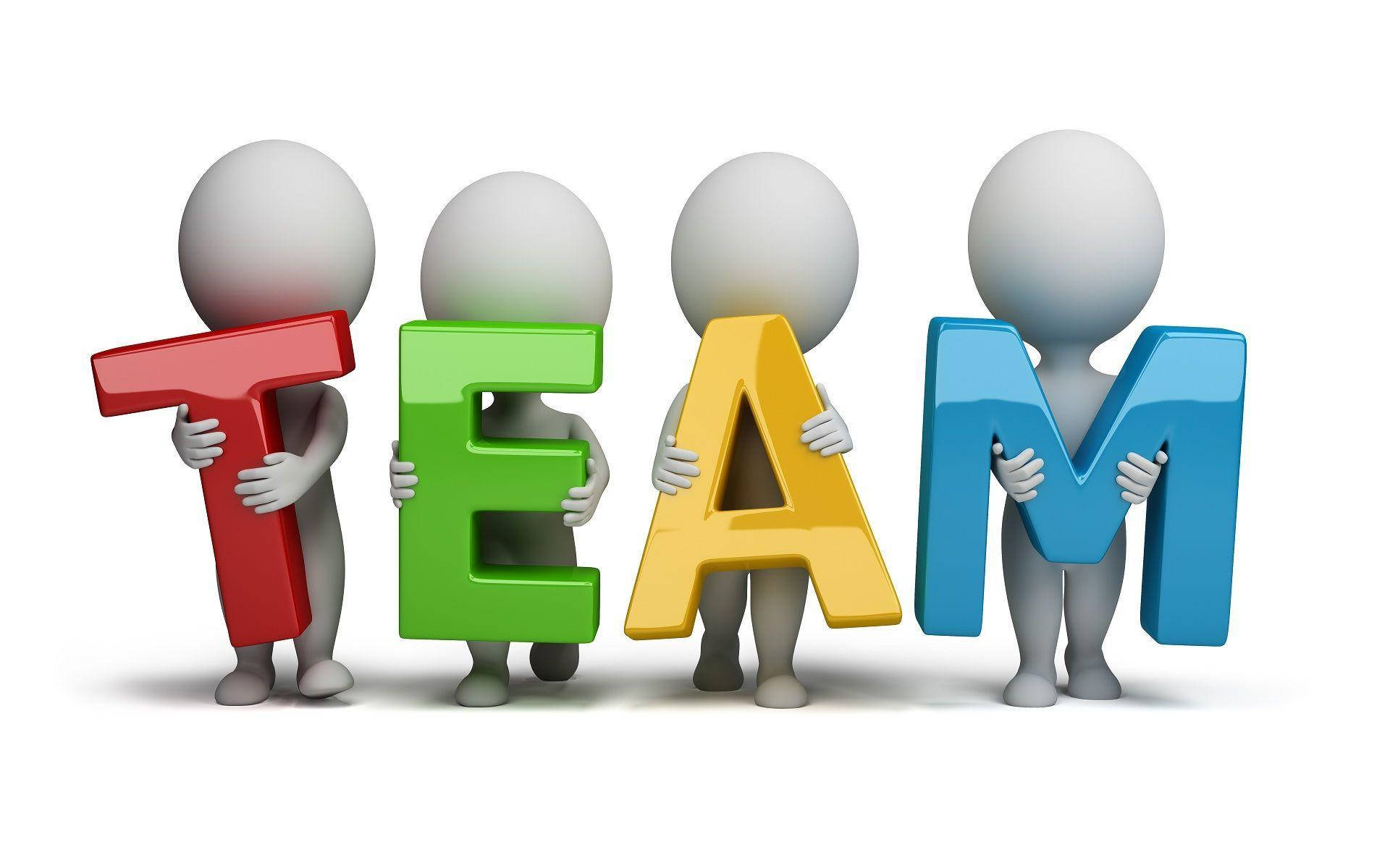 Teamwork 桌布 壁紙 — 四個3D渲染的人物手持色彩繽紛的大字母，拼出TEAM，背景為純白色。