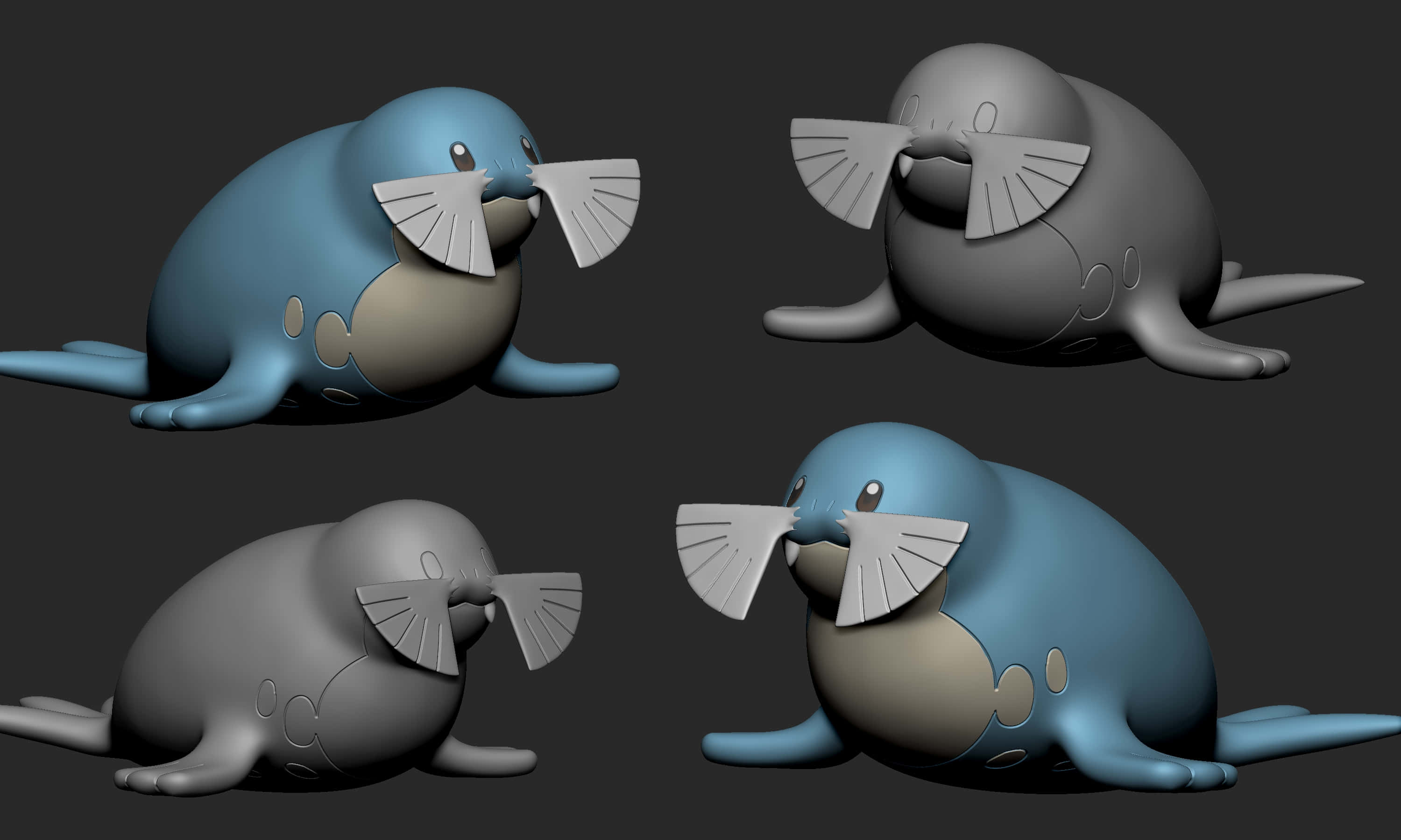 3D 桌布 壁紙 — 四個3D渲染的海豹狀生物，有扇形鬍鬚，以不同姿勢和顏色變體顯示在深色背景上。