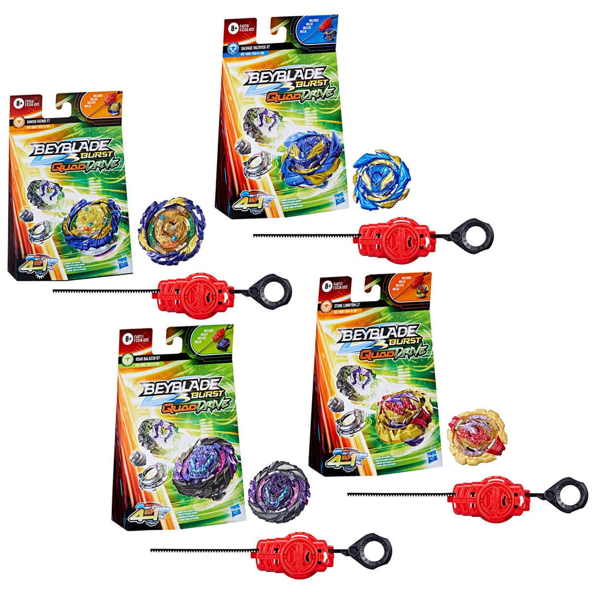 戰鬥陀螺爆裂 桌布 壁紙 — 四個Beyblade Burst Quad Drive玩具套裝，附有旋轉陀螺和發射器，色彩繽紛的包裝排列在白色背景上。