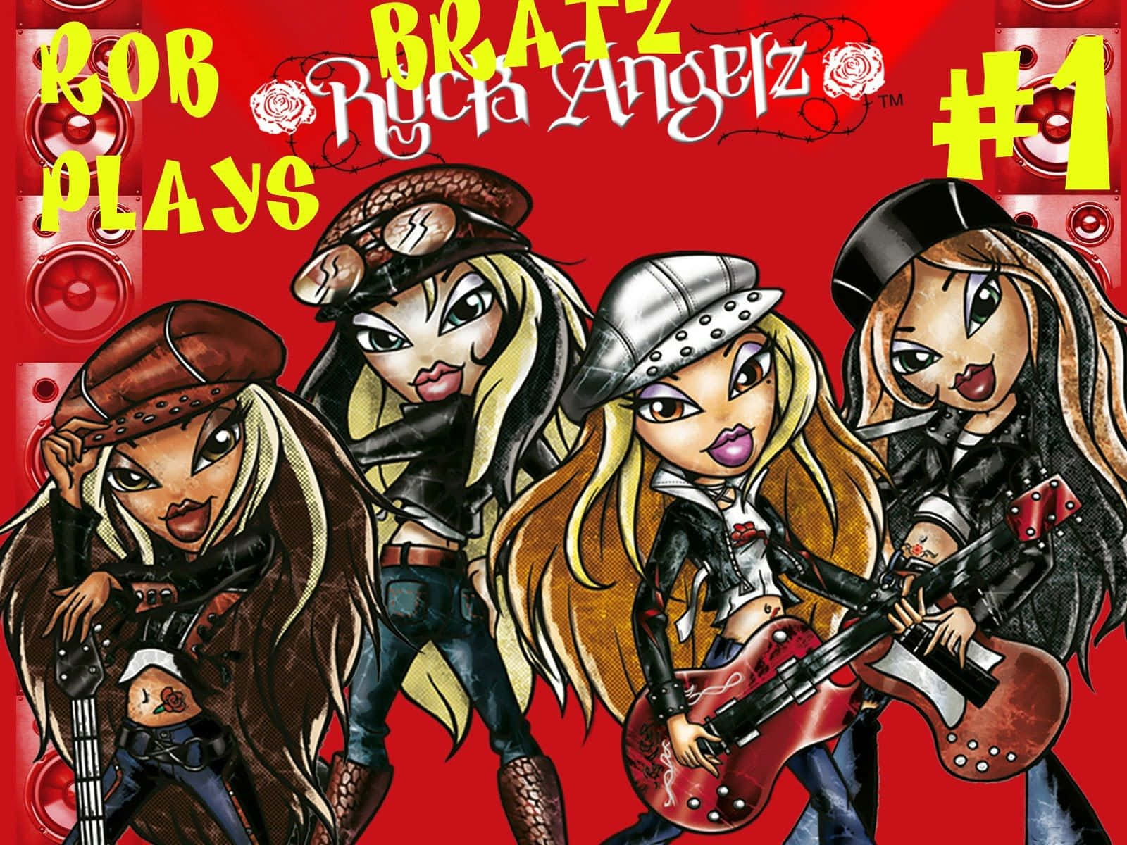Bratz 桌布 壁紙 — 四個Bratz Angelz娃娃穿著前衛搖滾服裝，在充滿揚聲器和粗體文字的鮮紅色背景前拿著吉他擺姿勢。