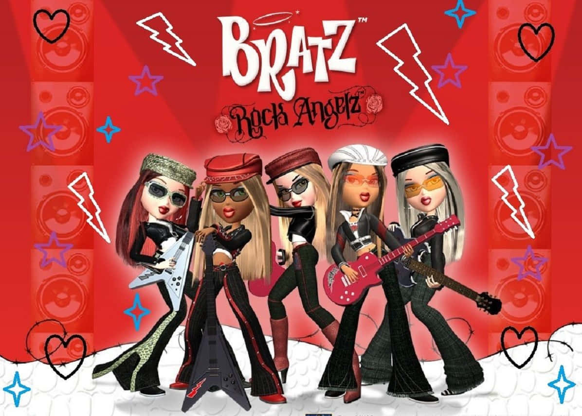 Bratz 桌布 壁紙 — 四個Bratz Rock Angelz公仔穿著前衛服裝，在充滿閃電星星和心形的鮮紅色背景前，拿著吉他擺姿勢。