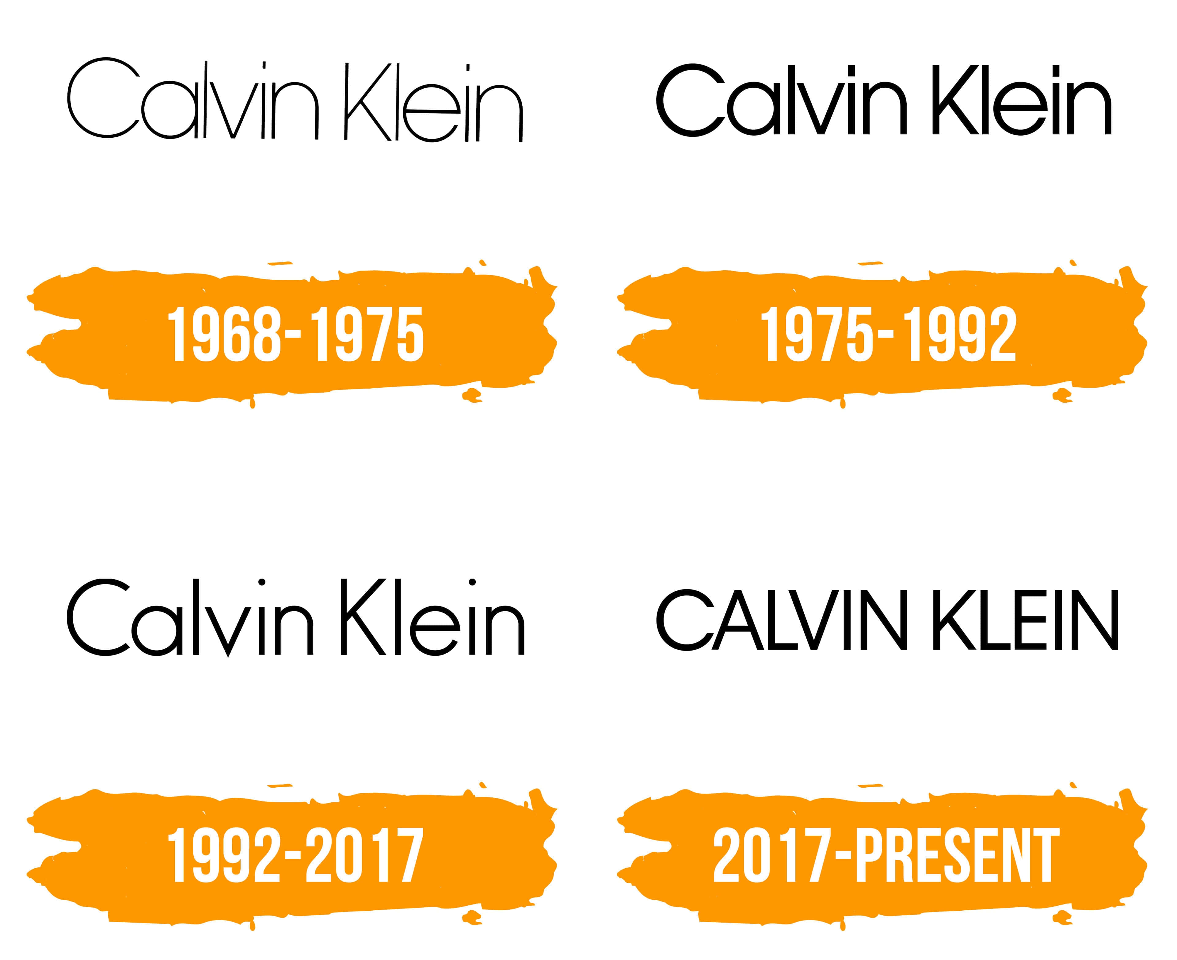 卡文克萊 桌布 壁紙 — 四個Calvin Klein標誌演變，以橙色筆觸日期標籤顯示在白色背景上。