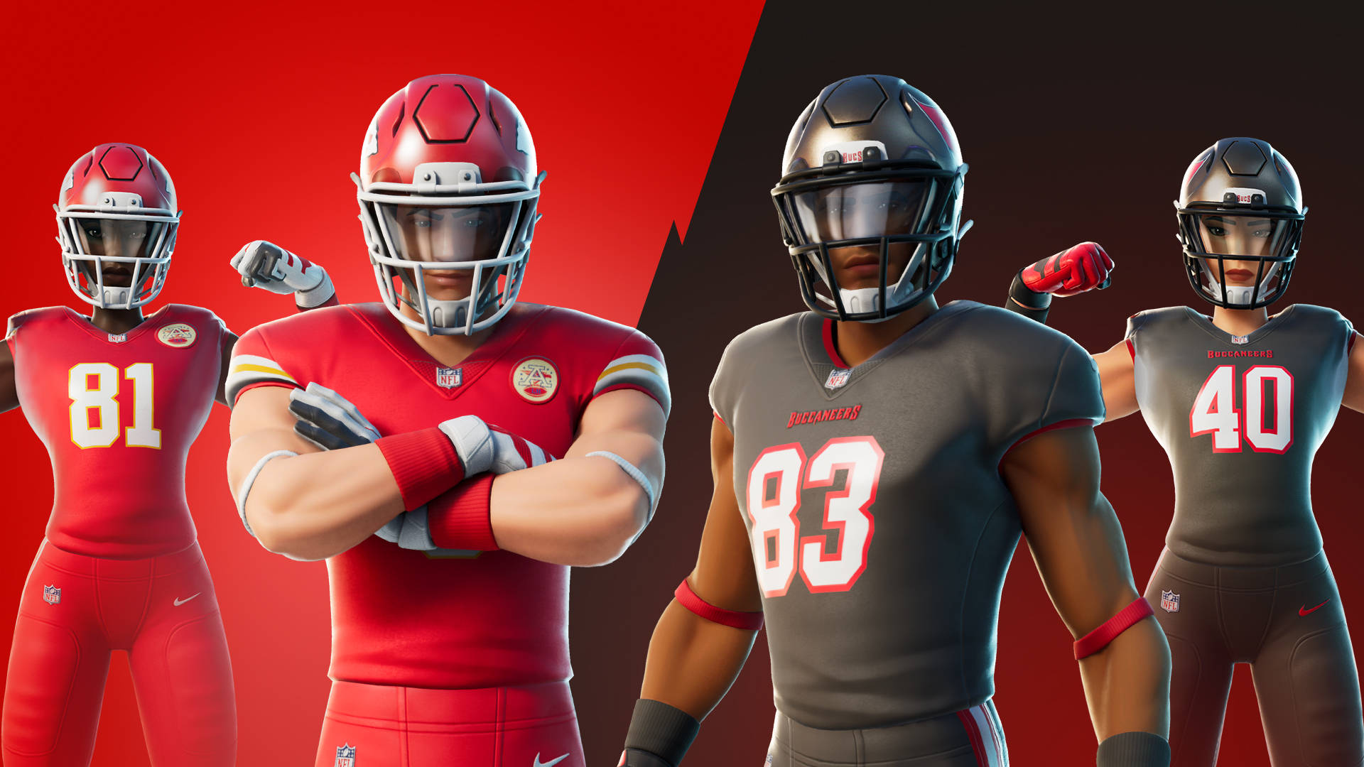 NFL 桌布 壁紙 — 四個Fortnite NFL球員造型穿著紅色和灰色制服，在紅黑分割的背景前自信地擺姿勢。