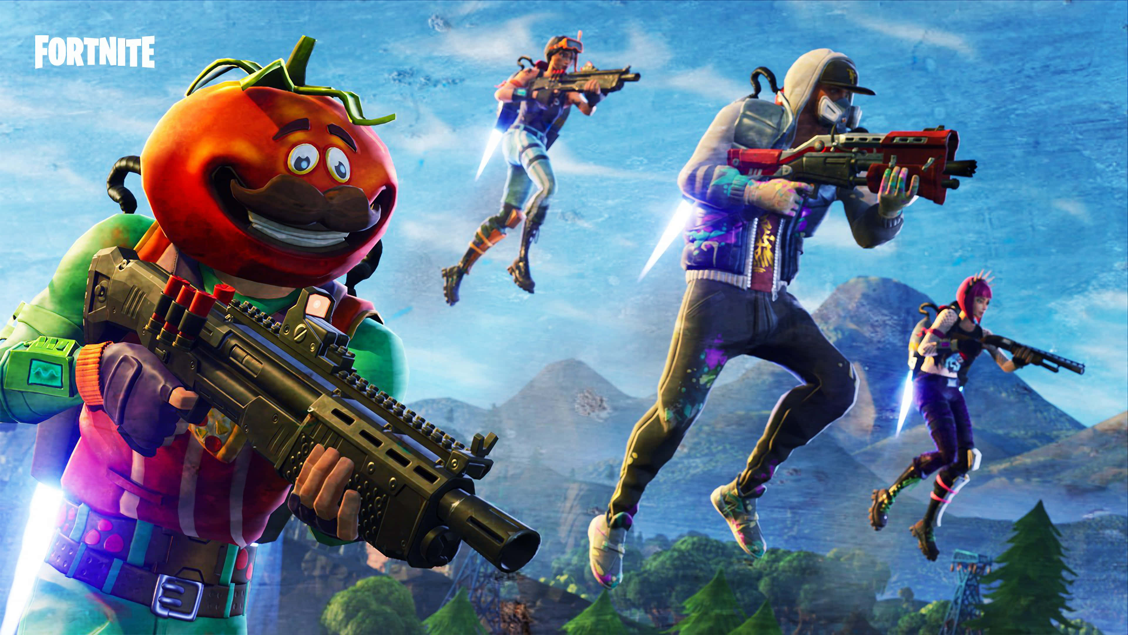 Fortnite 桌布 壁紙 — 四個Fortnite角色，包括一個番茄頭英雄，帶著發光武器在群山環繞的天空中翱翔。