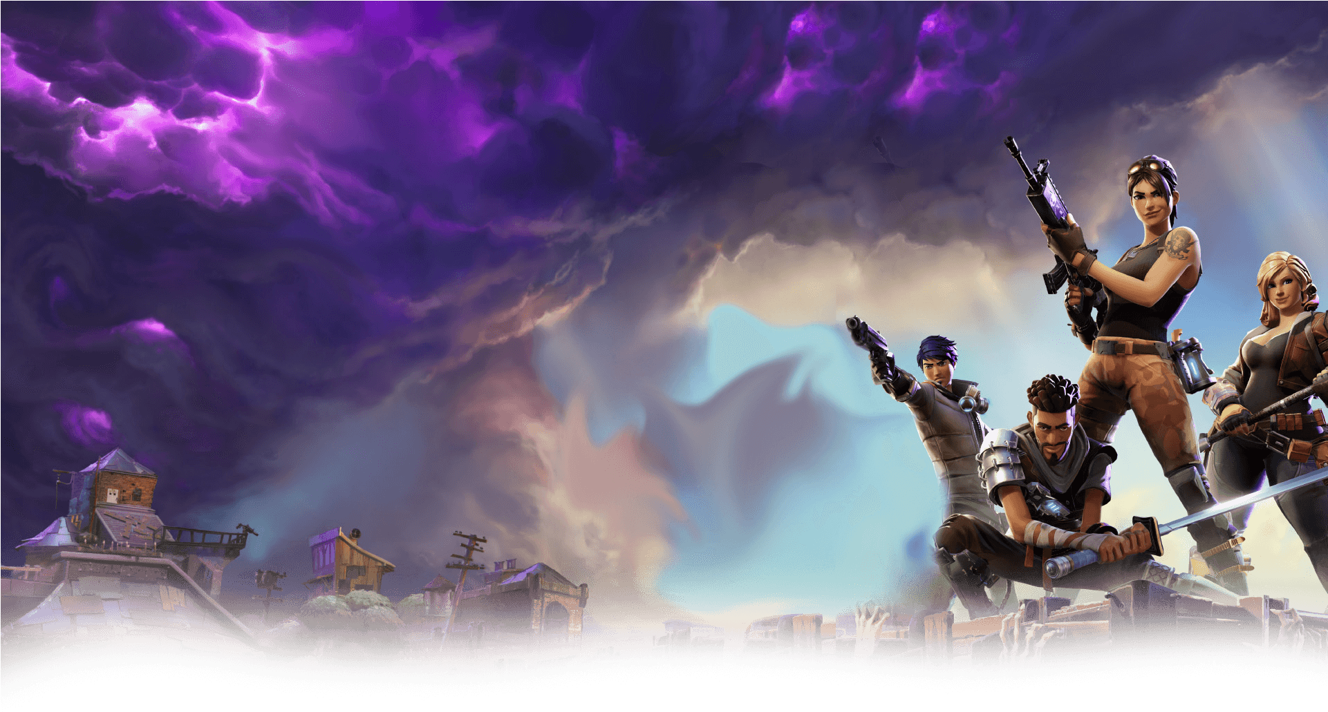 Apex 英雄 桌布 壁紙 — 四個Fortnite角色手持武器，在廢墟城鎮上空戲劇性的紫色暴風雨天空下準備就緒。