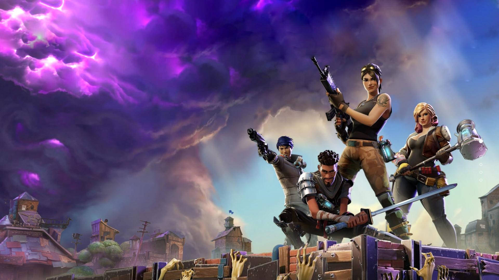 桌布 壁紙 — 四個Fortnite角色站在一個木箱堡壘上，背景是風暴紫色天空和發光的雲層。