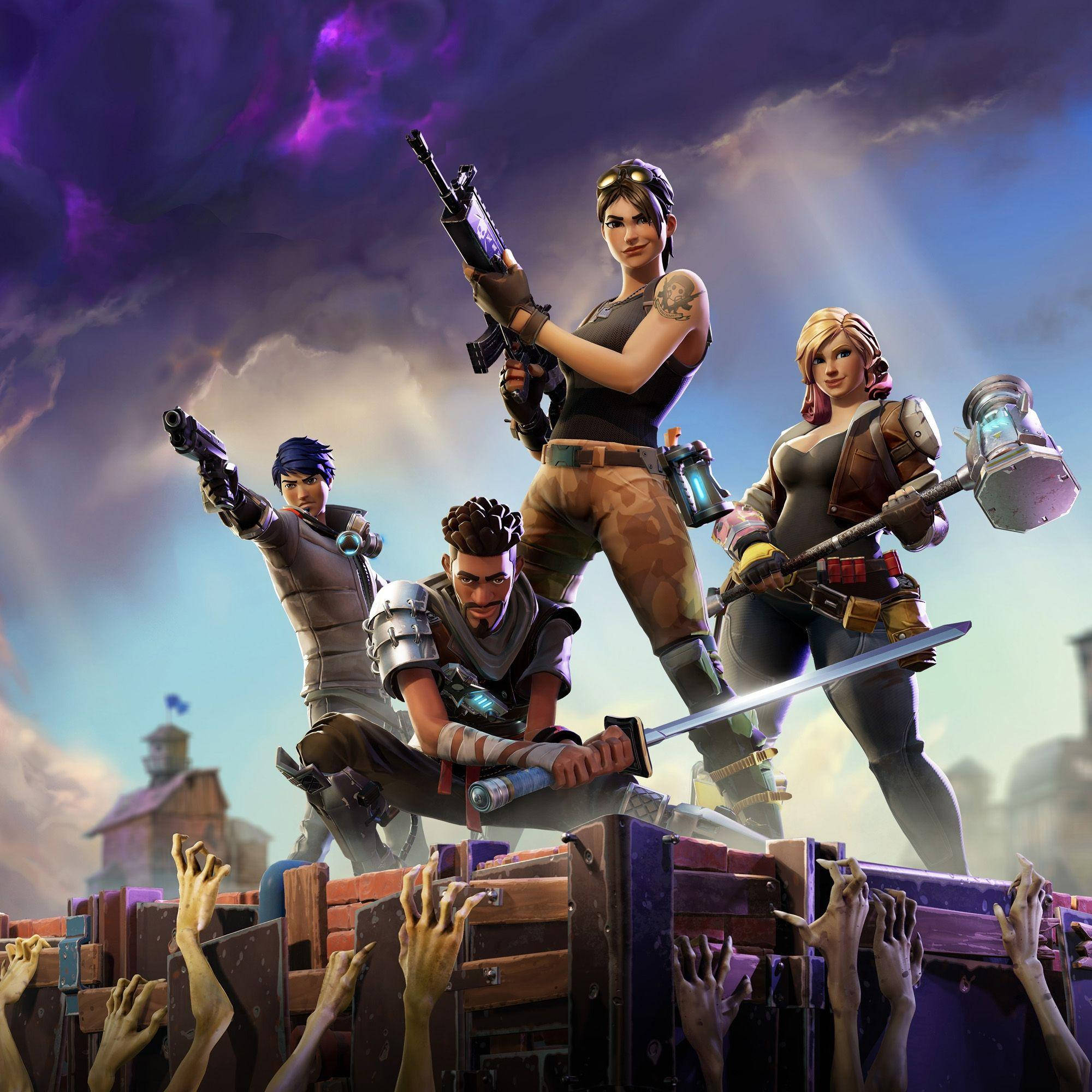 Cool Fortnite 桌布 壁紙 — 四個Fortnite角色站在木箱堡壘頂部，在暴風雨紫色天空下，殭屍手從下方抓撓。