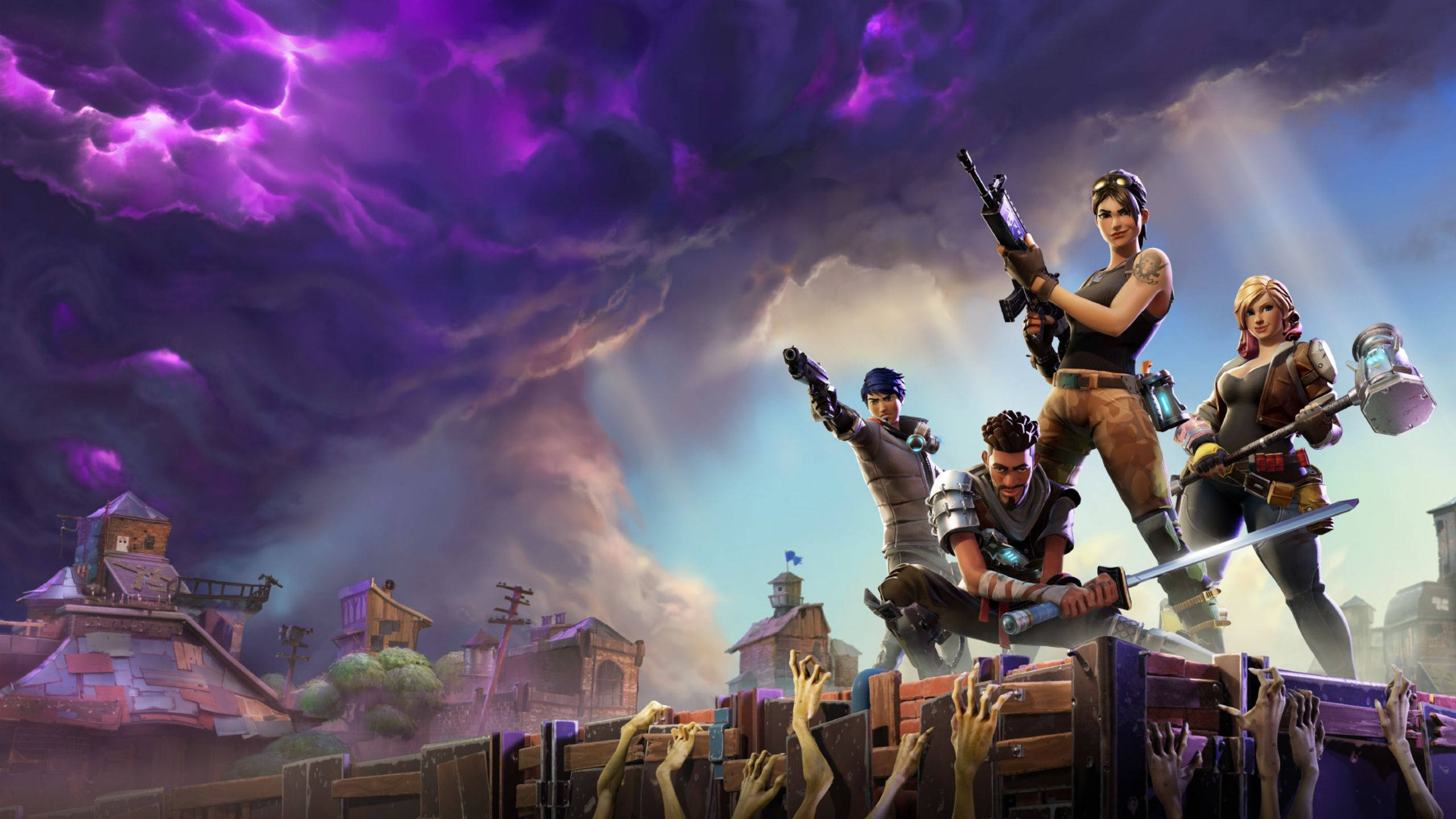 電玩遊戲 桌布 壁紙 — 四個Fortnite角色站在木箱上，殭屍手從下方伸出，背景是風暴般的紫色天空。