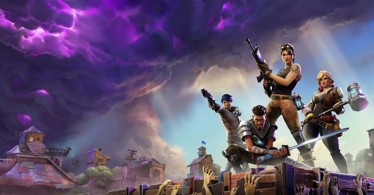 720p 桌布 壁紙 — 四個Fortnite角色站在木製路障上，背景是帶有閃電的暴風雨紫色天空。