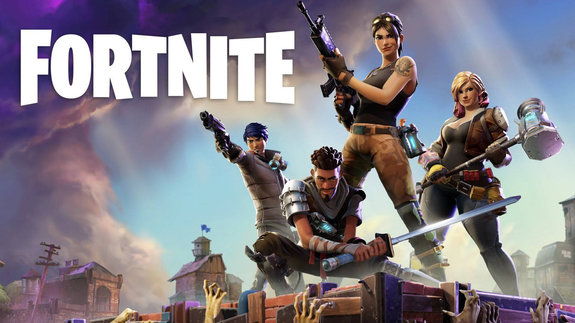 Fortnite 桌布 壁紙 — 四個Fortnite角色英雄式地站在一個木箱上，殭屍手在暴風雨的天空下向上伸。