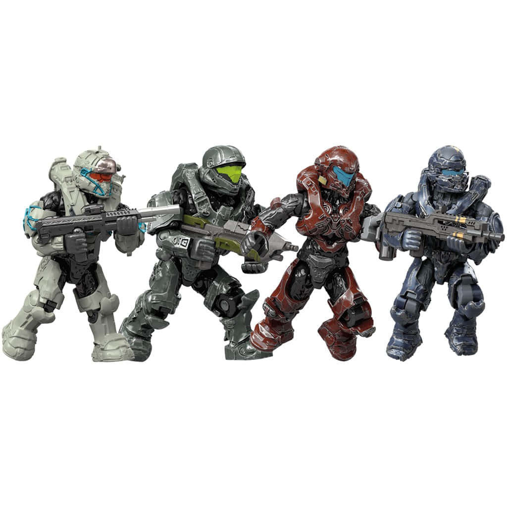Fireteam Osiris 桌布 壁紙 — 四個Halo Spartan動作人偶以戰鬥姿態呈現，配備精細的盔甲和武器，背景為純白色。