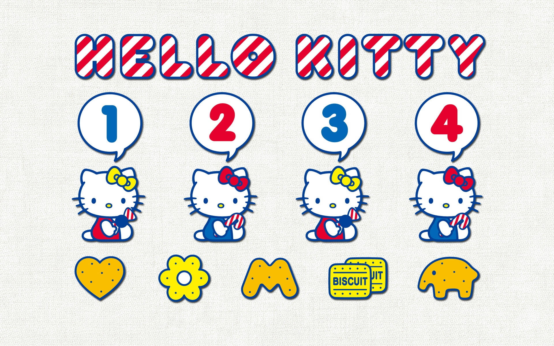 Hello 桌布 壁紙 — 四個Hello Kitty角色，身穿紅、藍、白色服裝，編號一至四，下方有黃色餅乾和餅乾標籤。