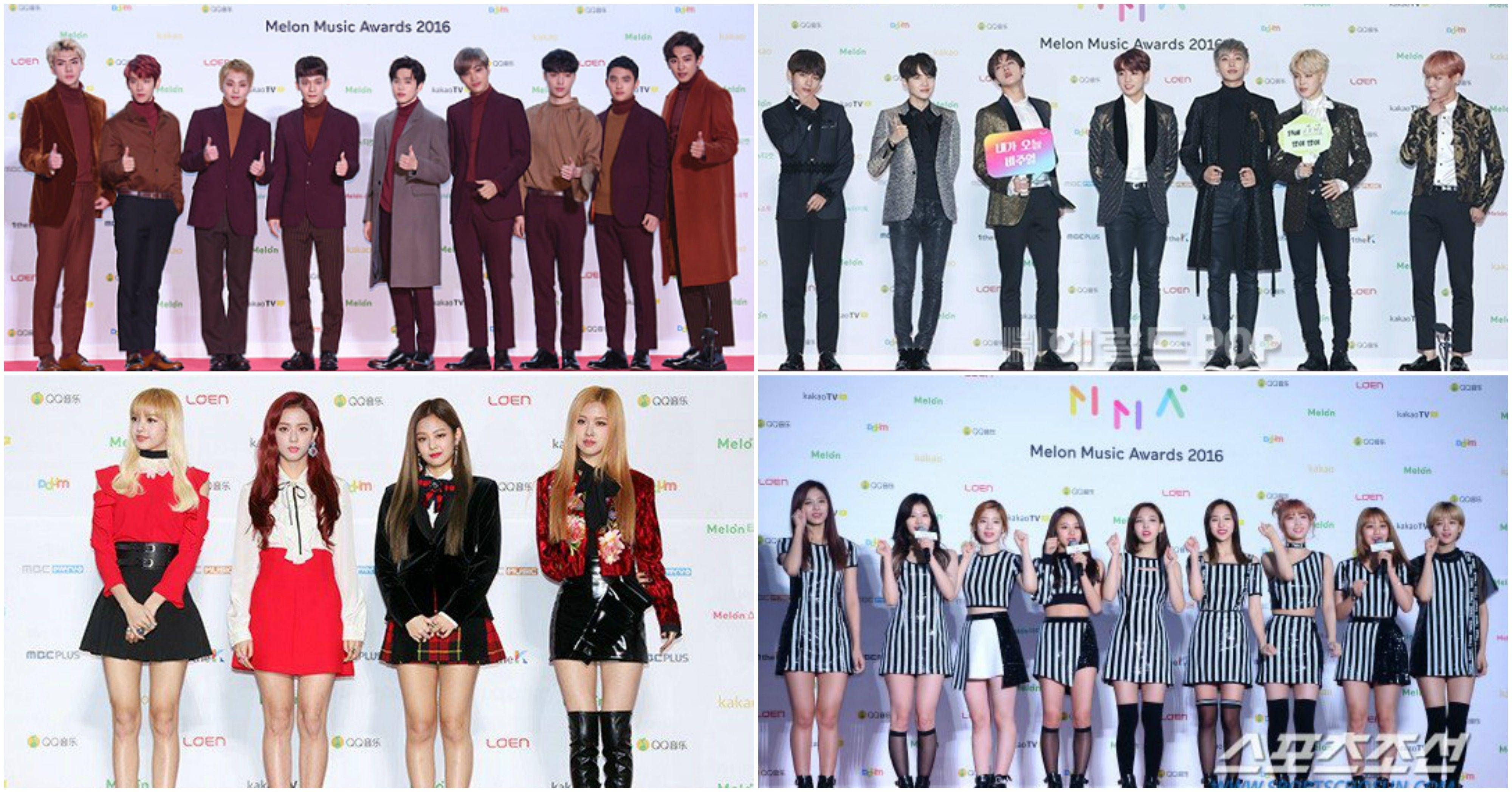 BTS 和 BLACKPINK 桌布 壁紙 — 四個K-pop團體在2016年Melon Music Awards的紅地毯上，穿著協調的時尚服裝擺姿勢。