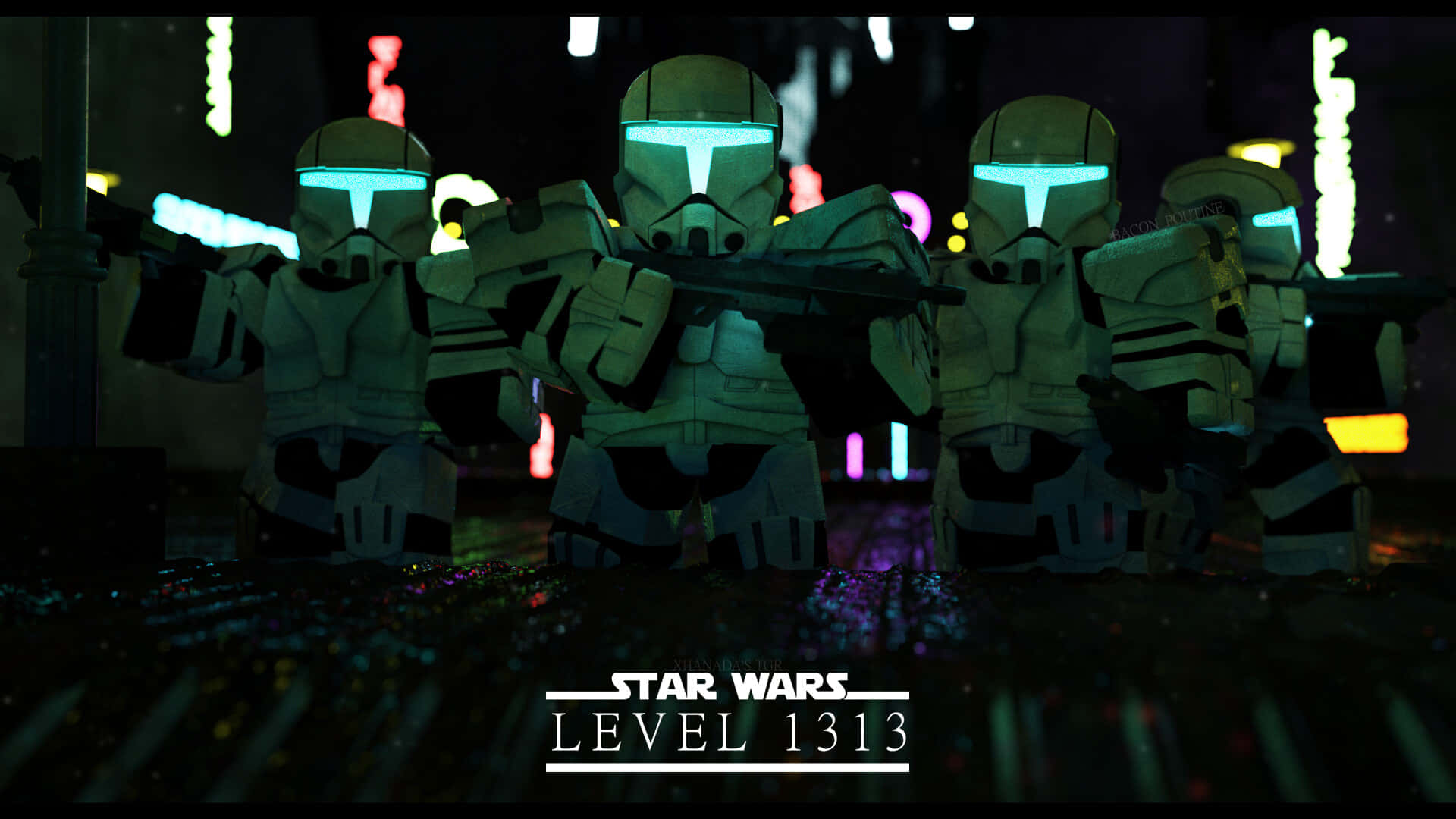 The Coruscant Underworld 桌布 壁紙 — 四個LEGO Star Wars 複製人士兵在夜晚霓虹燈照亮的城市小巷中手持爆能槍。