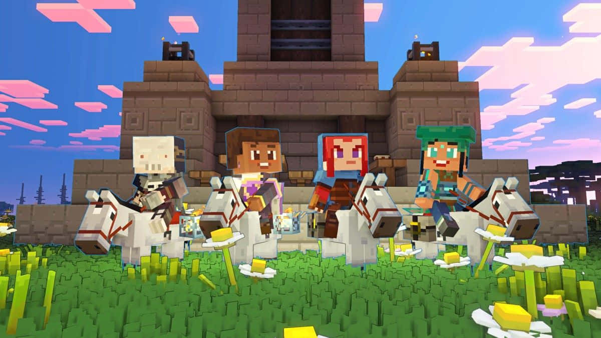 Minecraft Art 桌布 壁紙 — 四個Minecraft角色騎著白馬，在石城堡前，粉藍色天空下，雛菊盛開。
