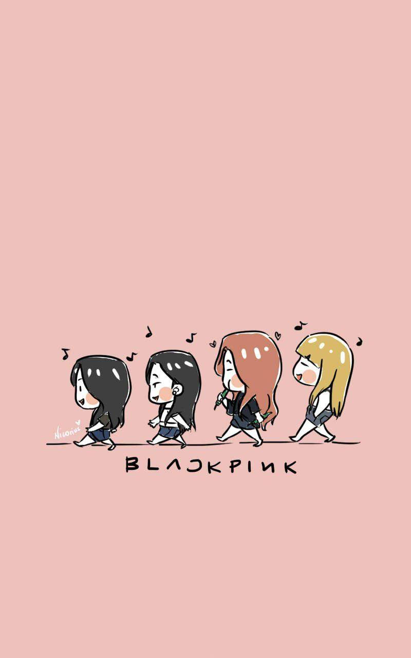 四個Q版Blackpink成員在粉紅色背景上行走，周圍有音符。 — Blackpink 動畫 GIF 壁紙