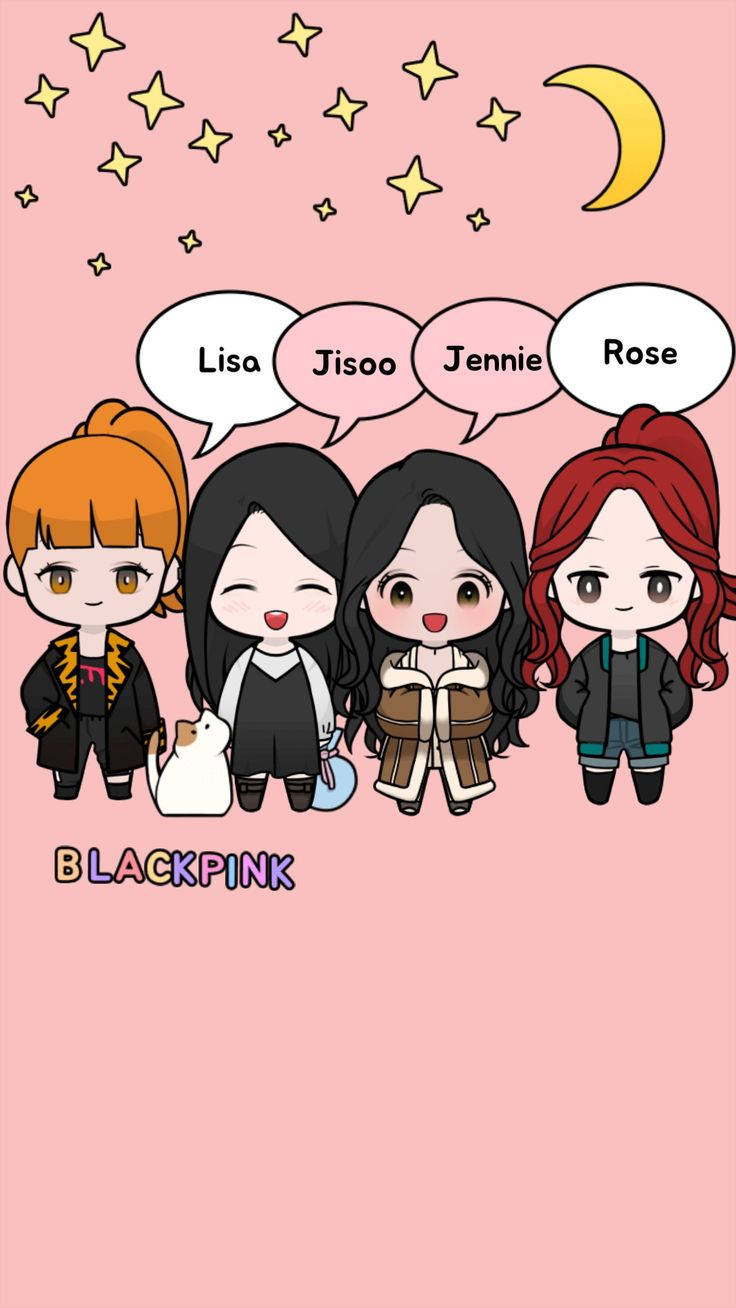 在有月亮的星空粉紅天空下，Q版BLACKPINK成員帶著對話氣泡。 — Blackpink 動畫 GIF 壁紙