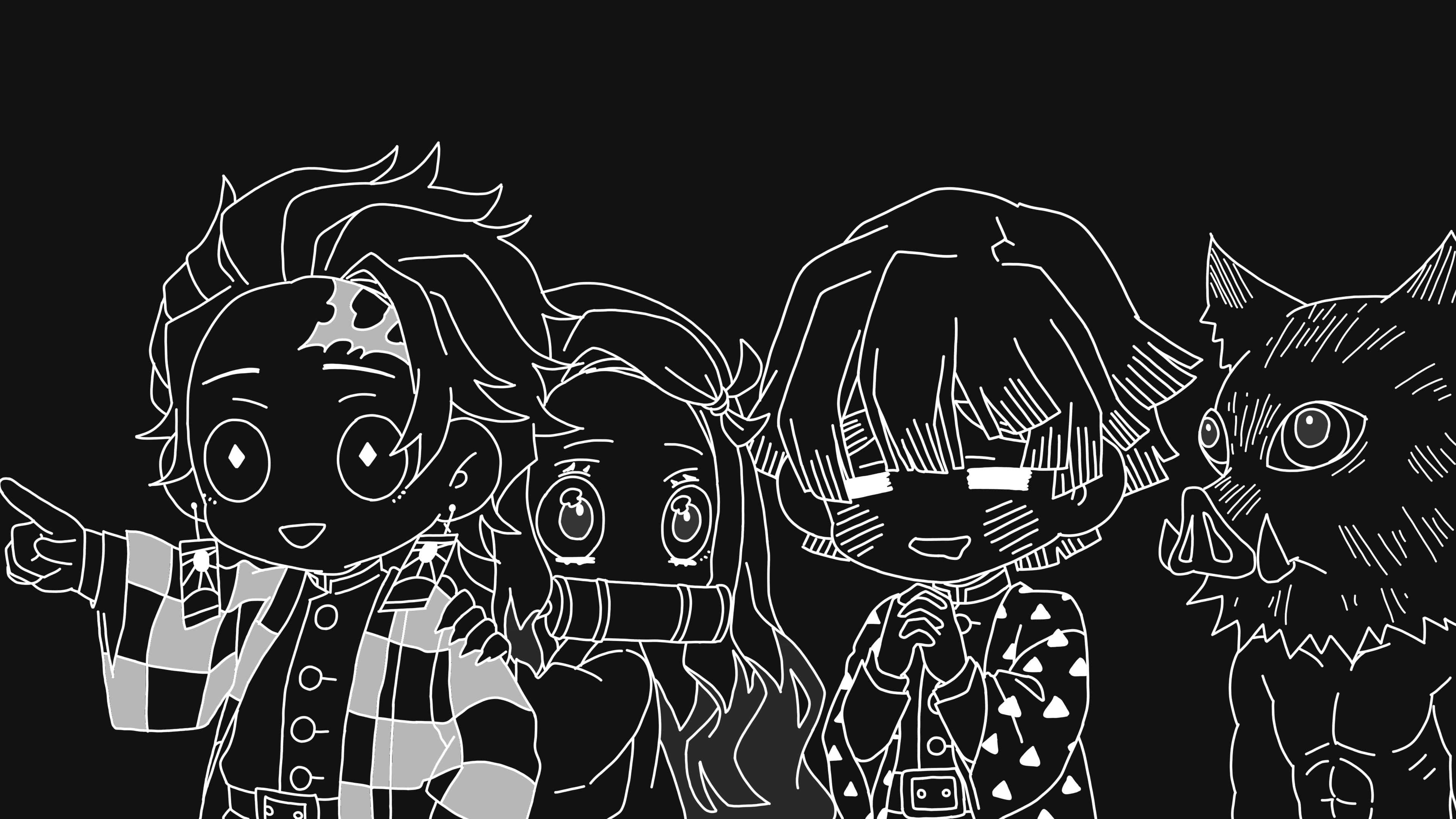 Black And White Aesthetic Pc 桌布 壁紙 — 四個Q版動漫角色和一隻像狼的生物以白色輪廓勾勒在純黑色背景上。