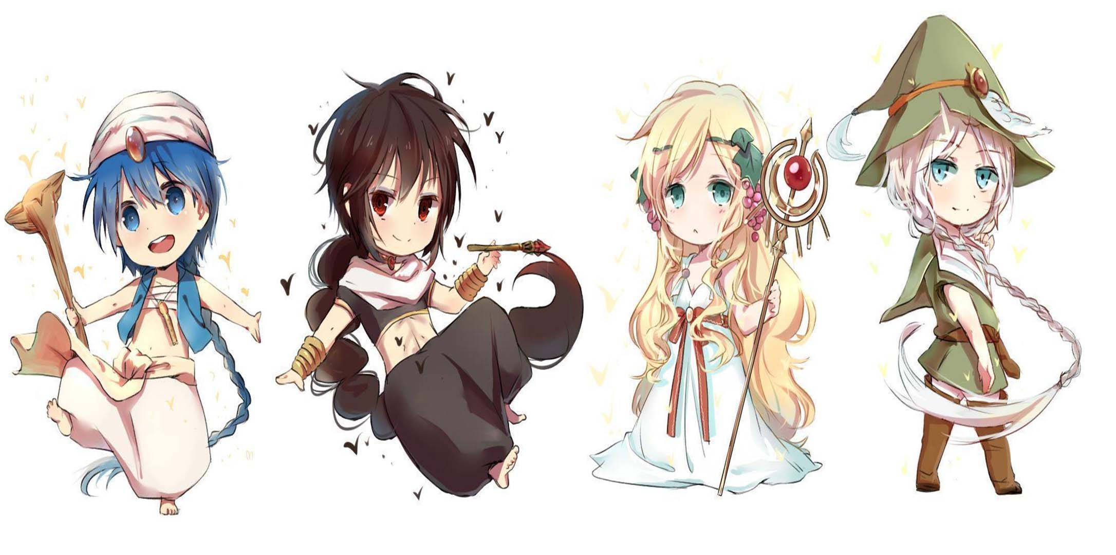 magi the kingdom of magic 桌布 壁紙 — 四個Q版動漫角色穿著奇幻服裝，在純白色背景前開心地擺姿勢。