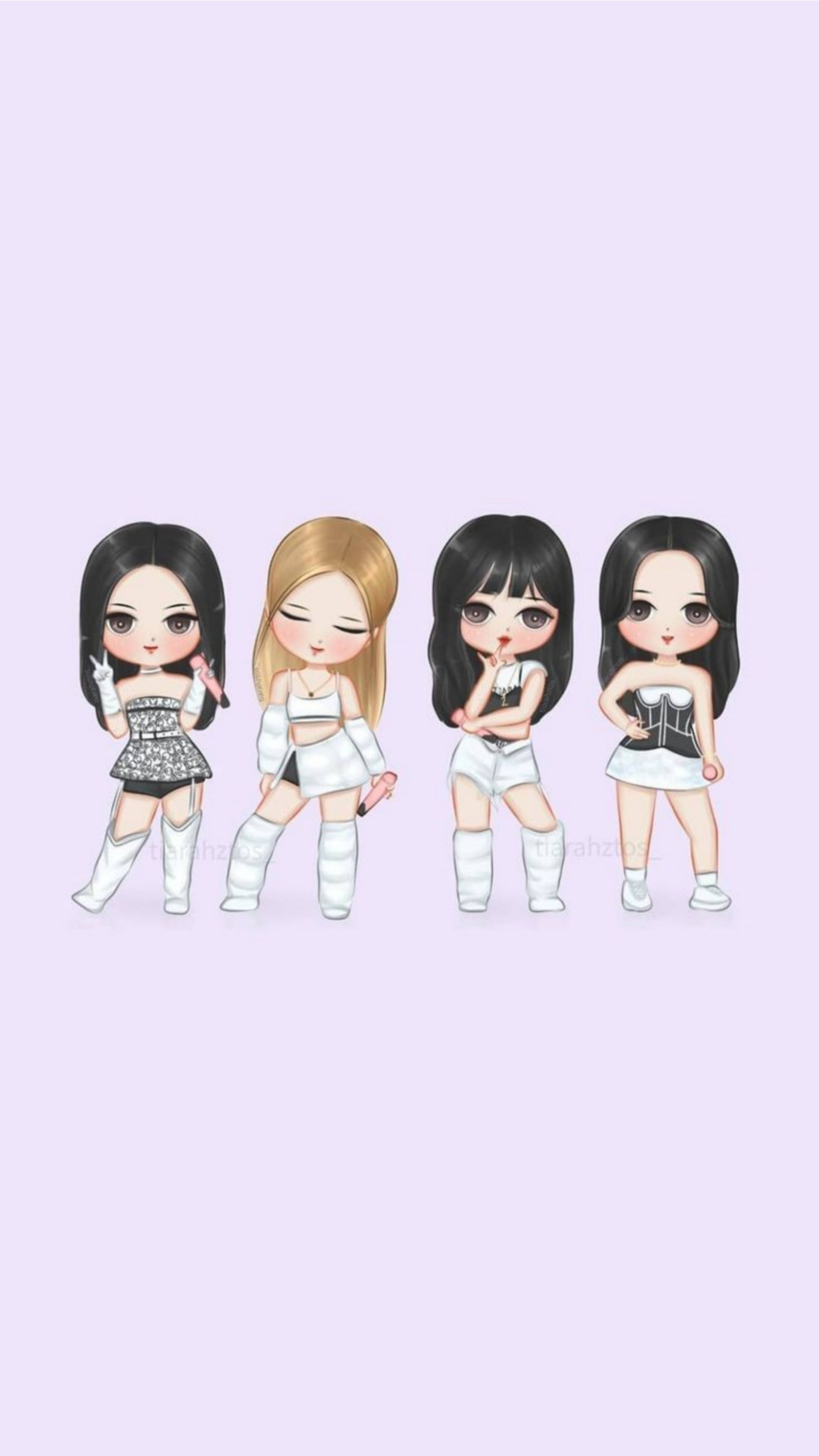 BLACKPINK 桌布 壁紙 — 四個Q版風格的動漫女孩穿著白色服裝，在柔和薰衣草背景前自信擺姿勢。