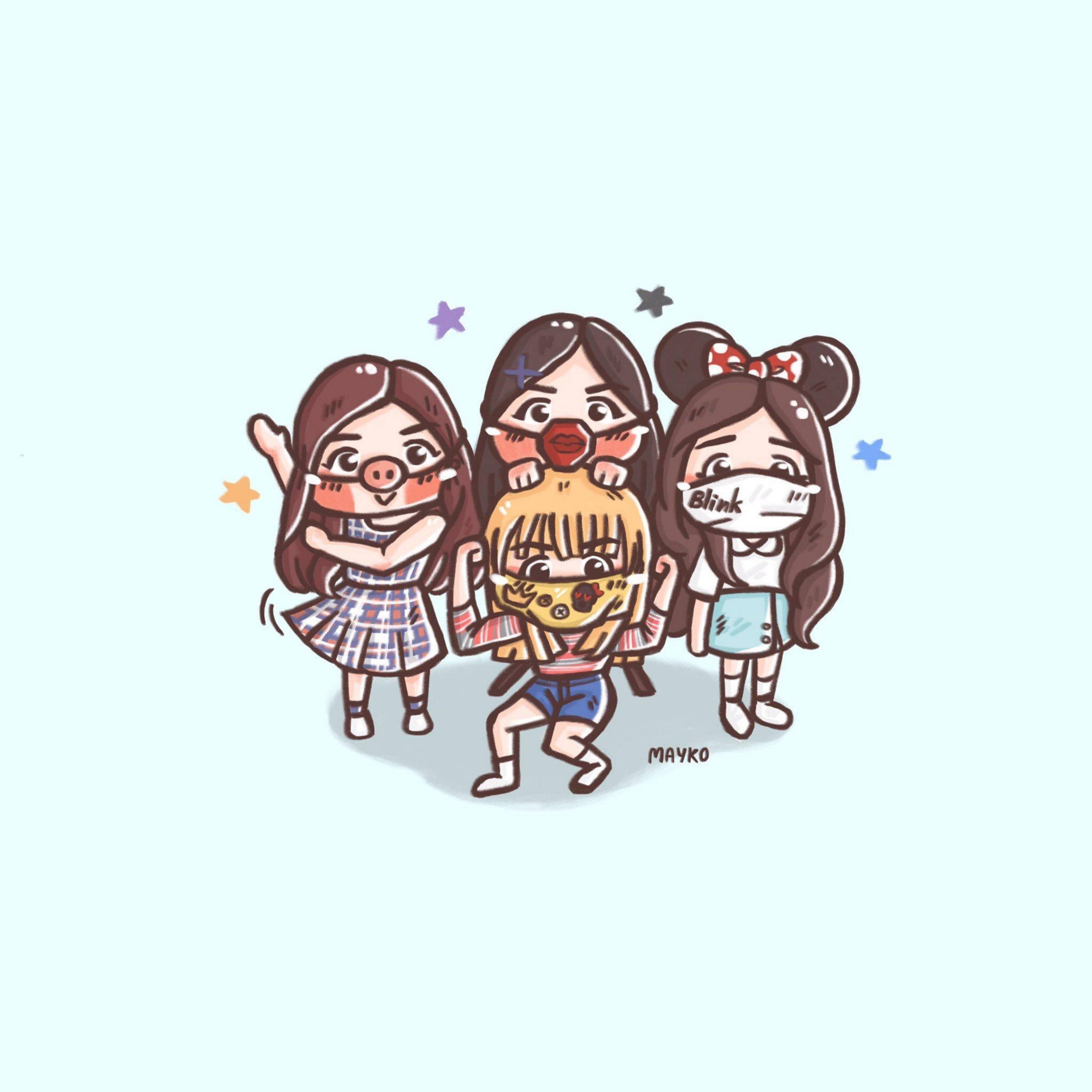 BLACKPINK 桌布 壁紙 — 四個Q版風格的女孩子穿著校服和口罩，在粉藍色背景上與彩色星星一起愉快地擺姿勢。