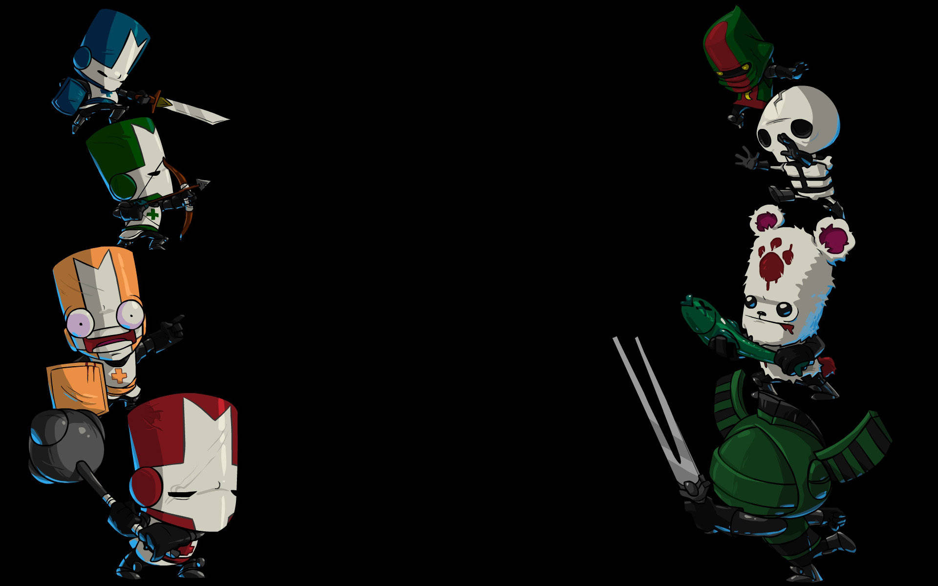 Castle Crashers 桌布 壁紙 — 四個Q版風格的盔甲戰士，手持劍和錘子，站在黑色背景前。