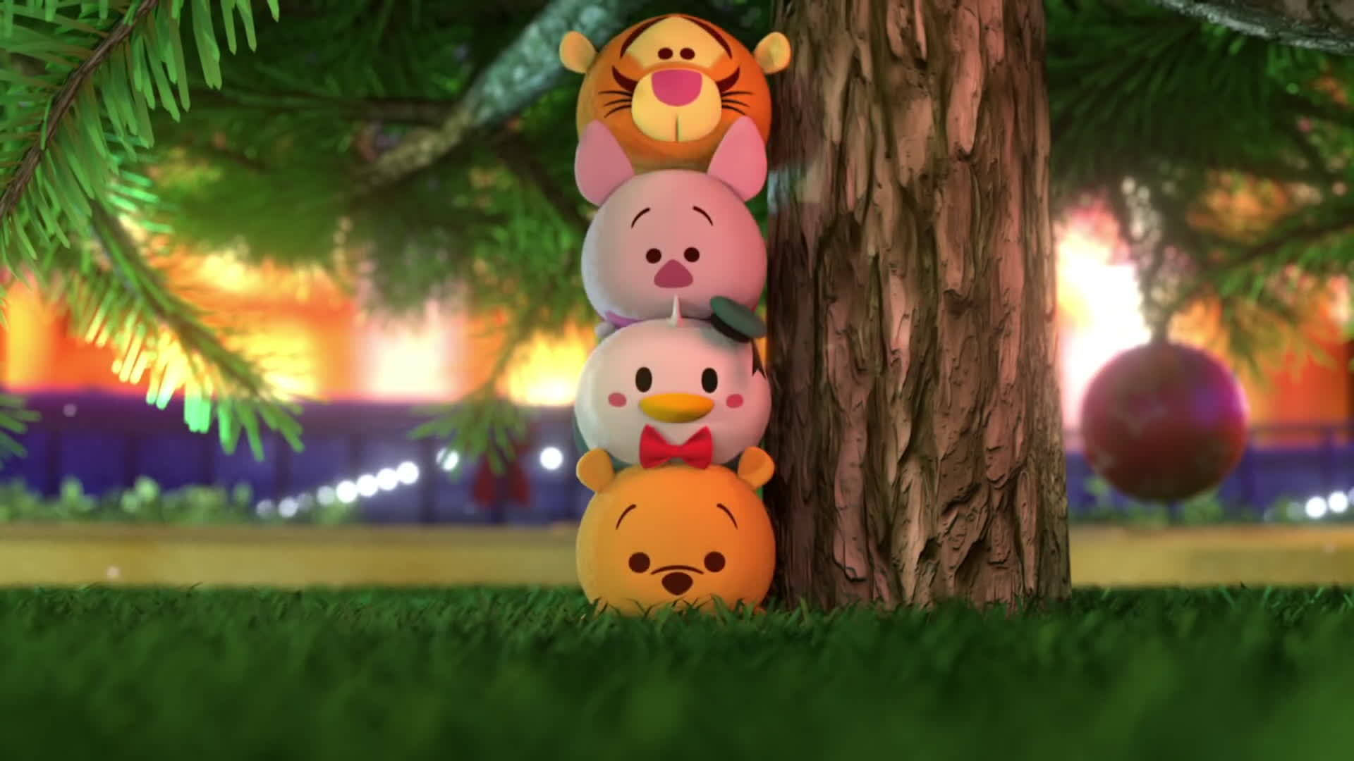 堆疊的Tsum Tsum角色在公園裡靠著樹，日落時分。 — Tsum tsum 壁紙