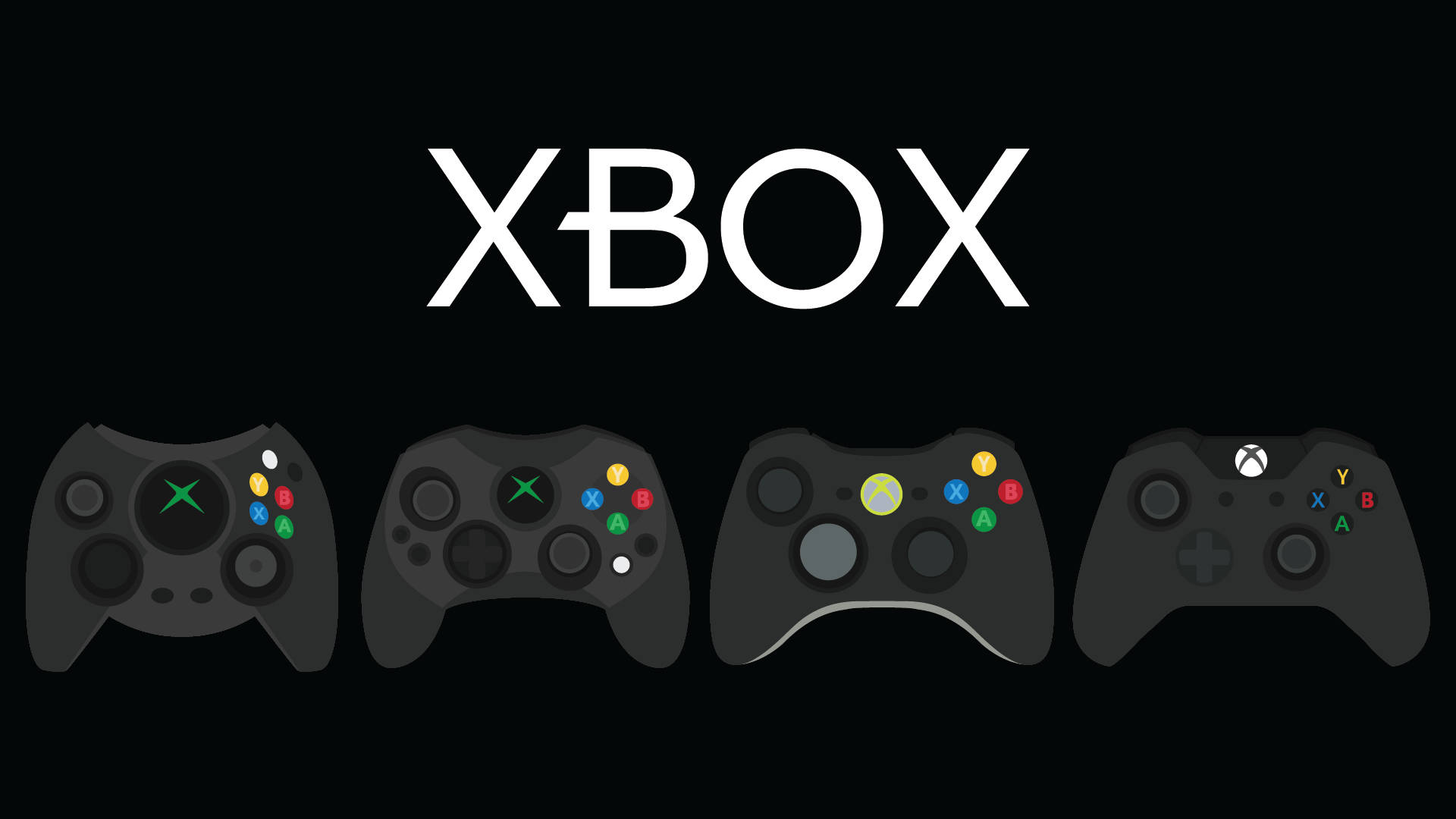 X 桌布 壁紙 — 四個Xbox手把排成一列，背景為黑色，上方有Xbox標誌。