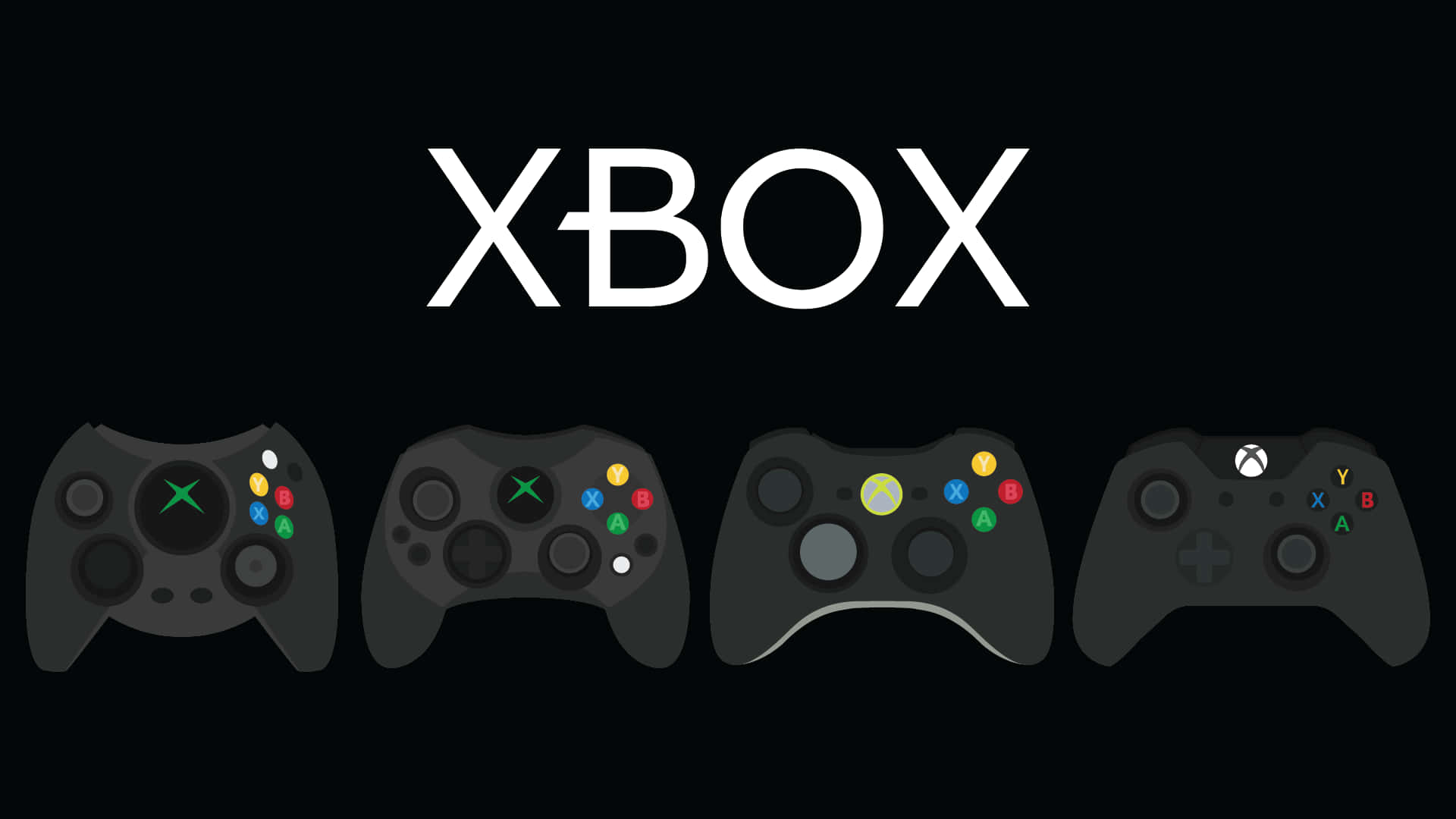 桌布 壁紙 — 四個Xbox手把排成一列，黑色背景上方有白色Xbox標誌。