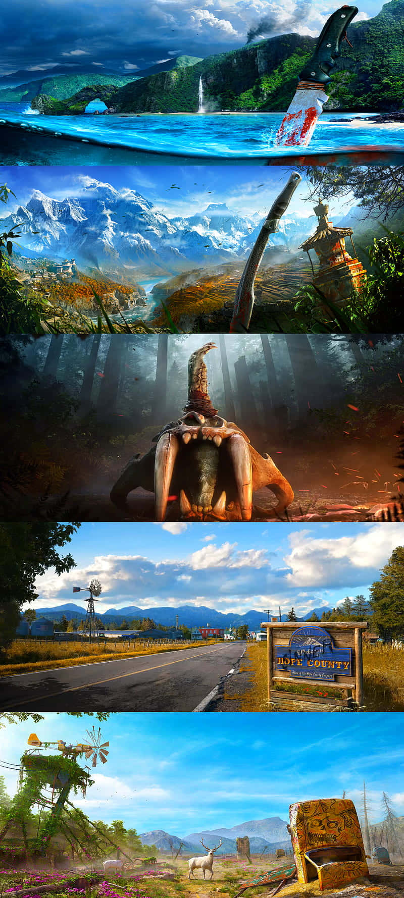 iPhone Xs Far Cry 3 桌布 壁紙 — 四個不同場景的超現實拼貼：水中的血刀、帶弓的雪山、森林怪物和帶路標的鄉村道路。