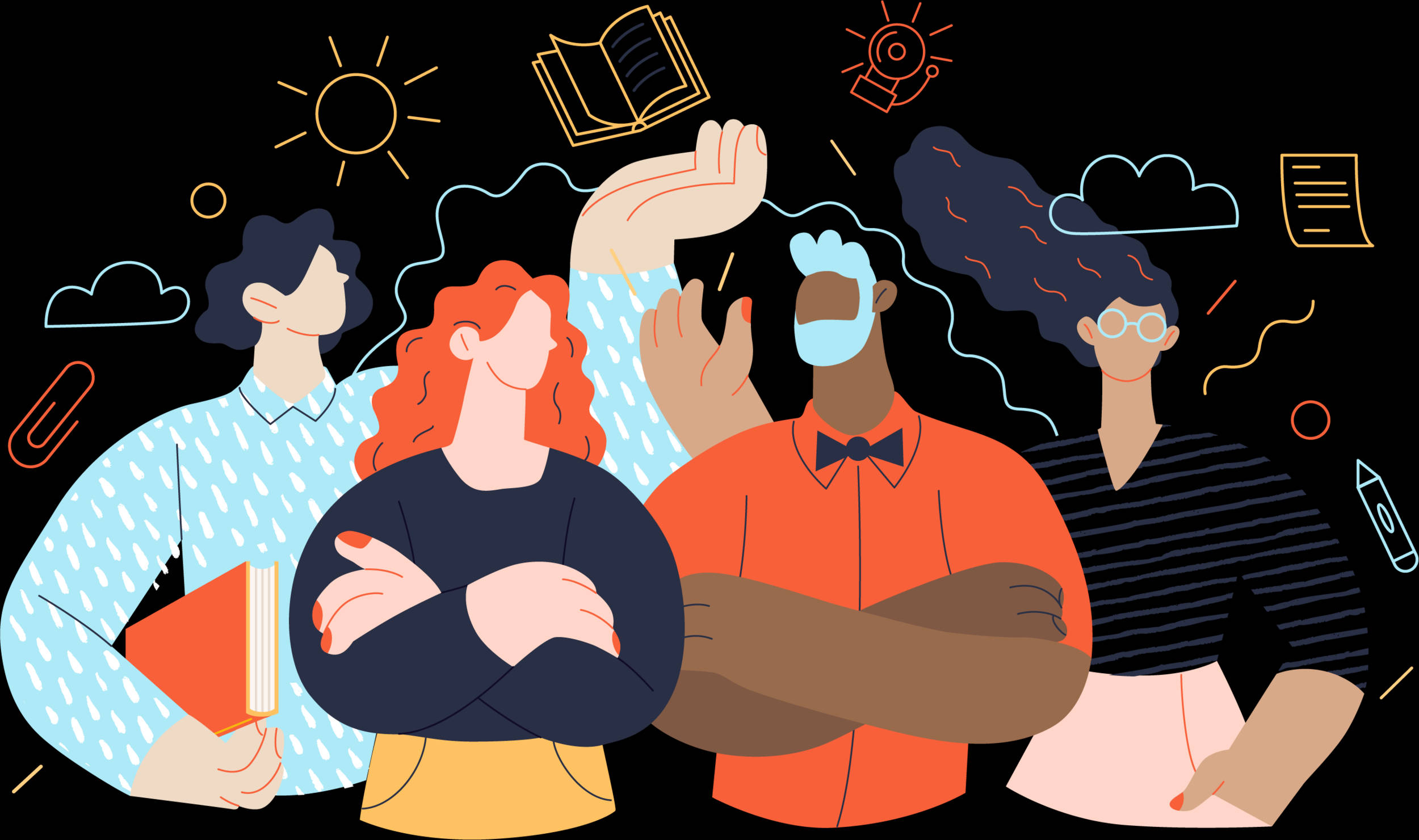 Teamwork 桌布 壁紙 — 四個不同插圖人物交叉雙臂，被浮動的學習圖標環繞，背景為黑色。