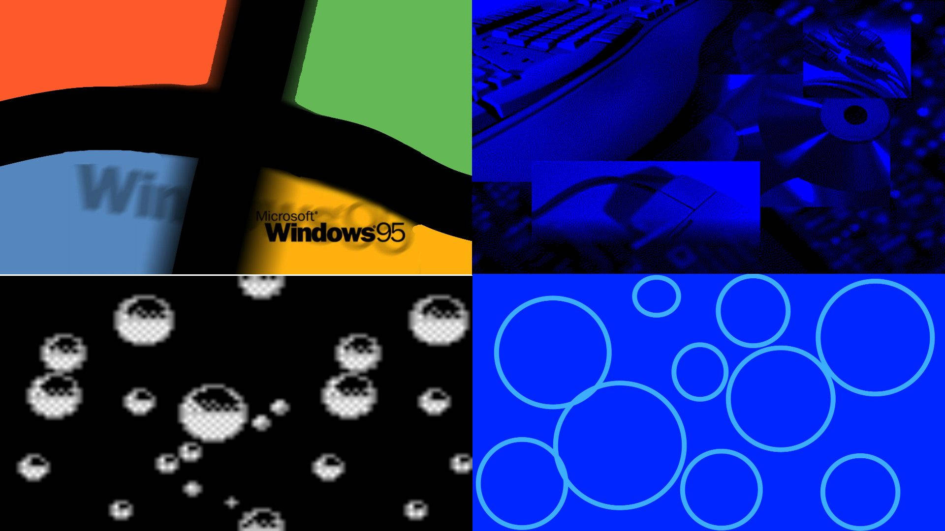 Windows 95 動態圖 桌布 壁紙 — 四個不同數位藝術面板的拼貼：Windows 95 標誌、藍色技術齒輪、像素化氣泡和發光的藍色圓圈。