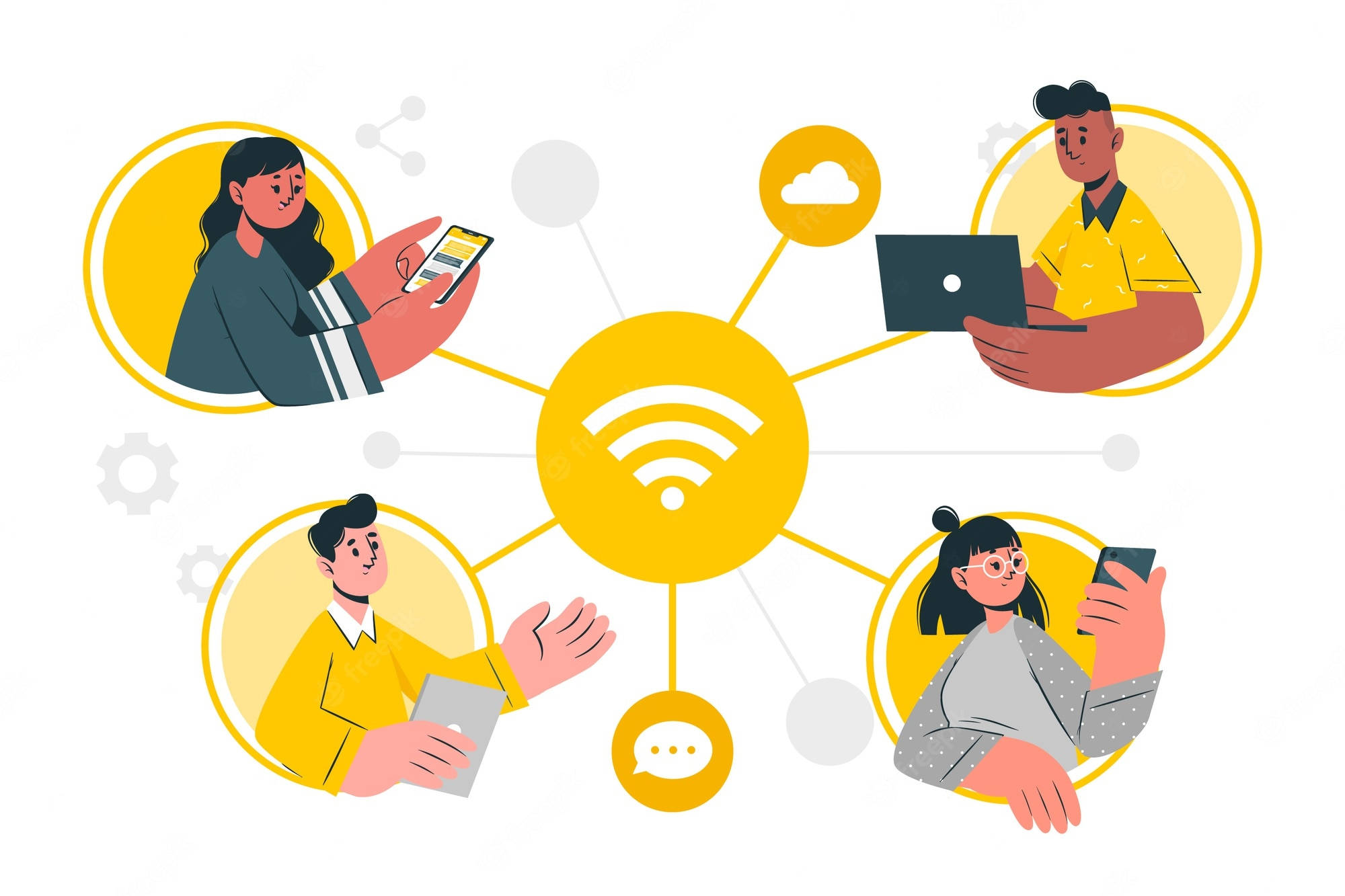 Internet 桌布 壁紙 — 四個不同的人在圓形框架中透過中央的WiFi符號連接，使用手機和筆記型電腦等裝置。