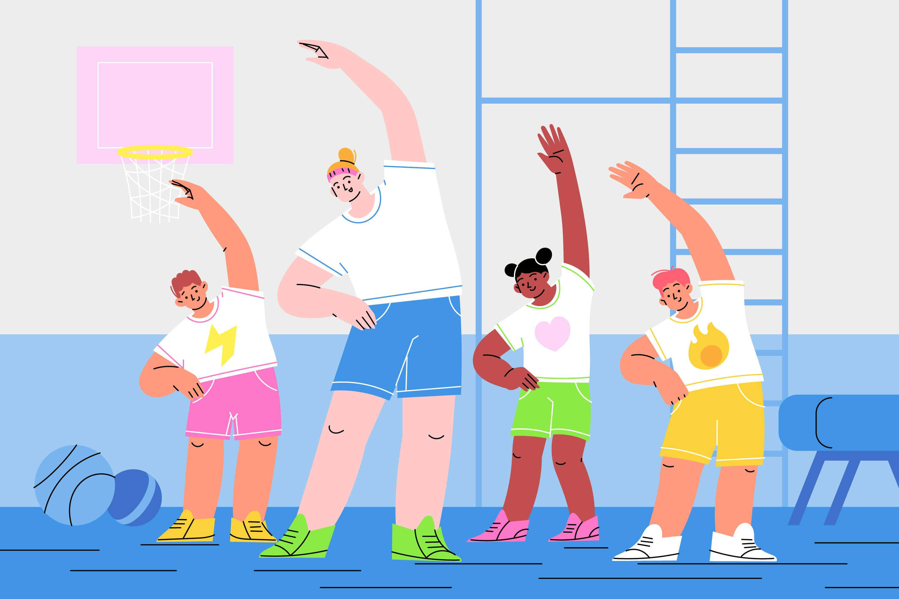 Physical Education 桌布 壁紙 — 四個不同的卡通小孩在明亮的體育館靠近籃球框處充滿活力地伸展。