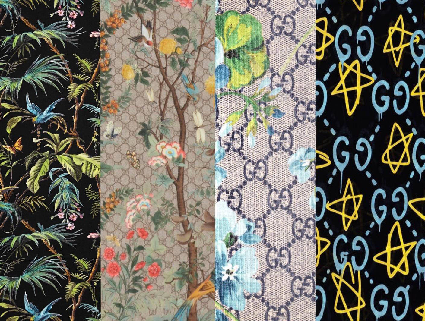 Gucci Pattern 桌布 壁紙 — 四個不同的壁紙圖案並排：黑色背景上的熱帶鳥類、花卉樹木、GG字母組合和滴星標誌。